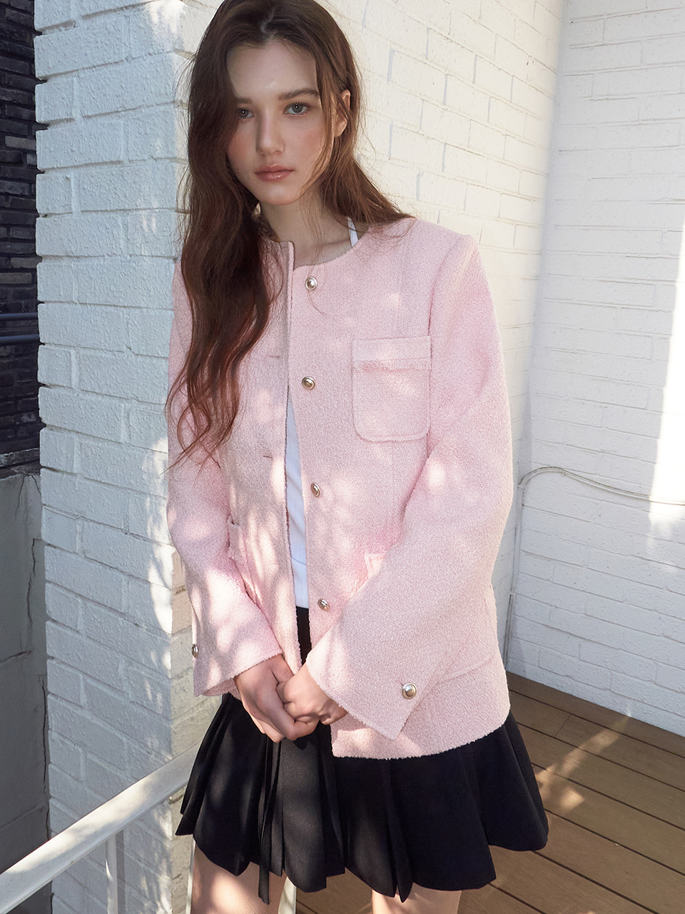 Stitch 4-Pocket Tweed Jacket, Pink