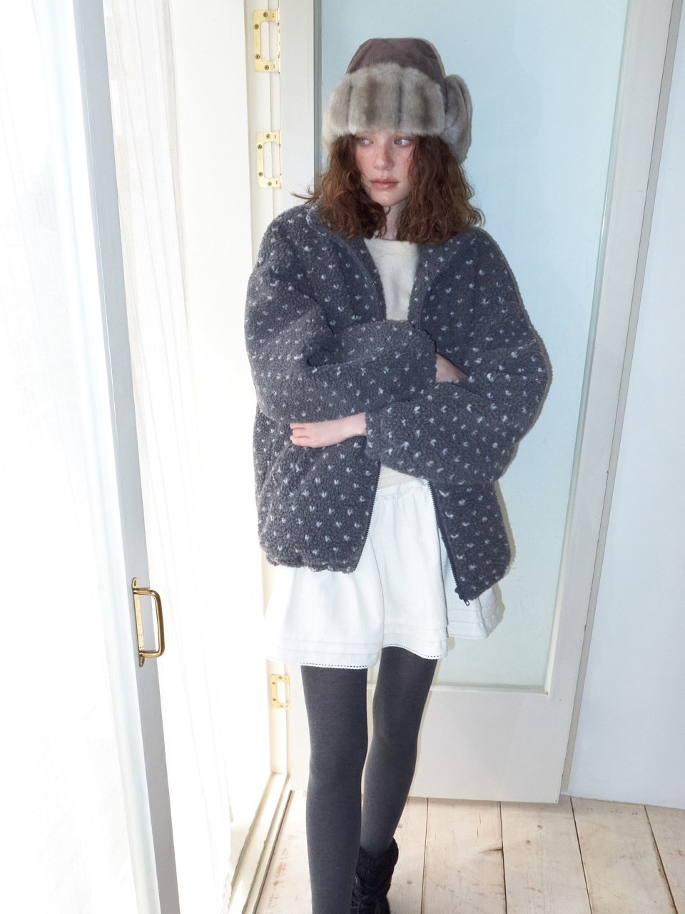 Pattern Fleece Quilted Jacket, Charcoal