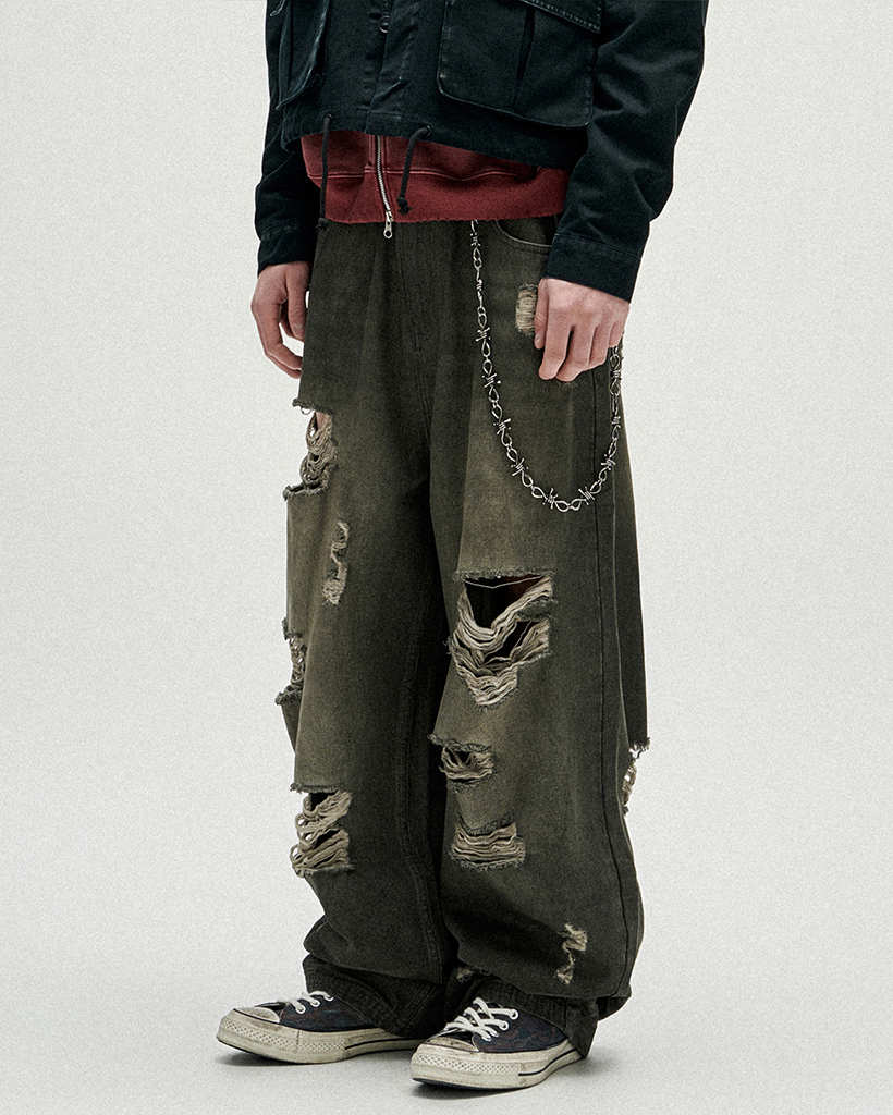 Hidden Symbol Distressed Denim Pants - Khaki