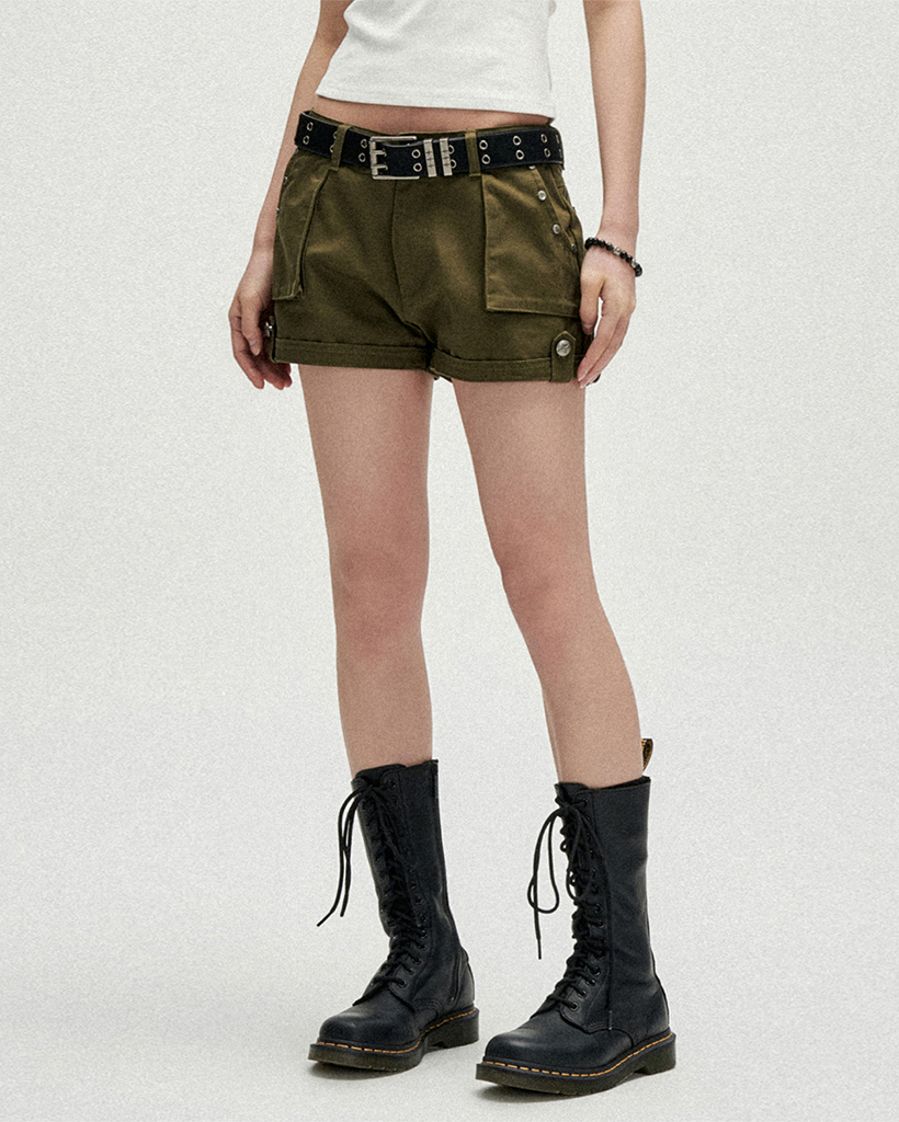 W Stud Pocket Micro Shorts - Khaki