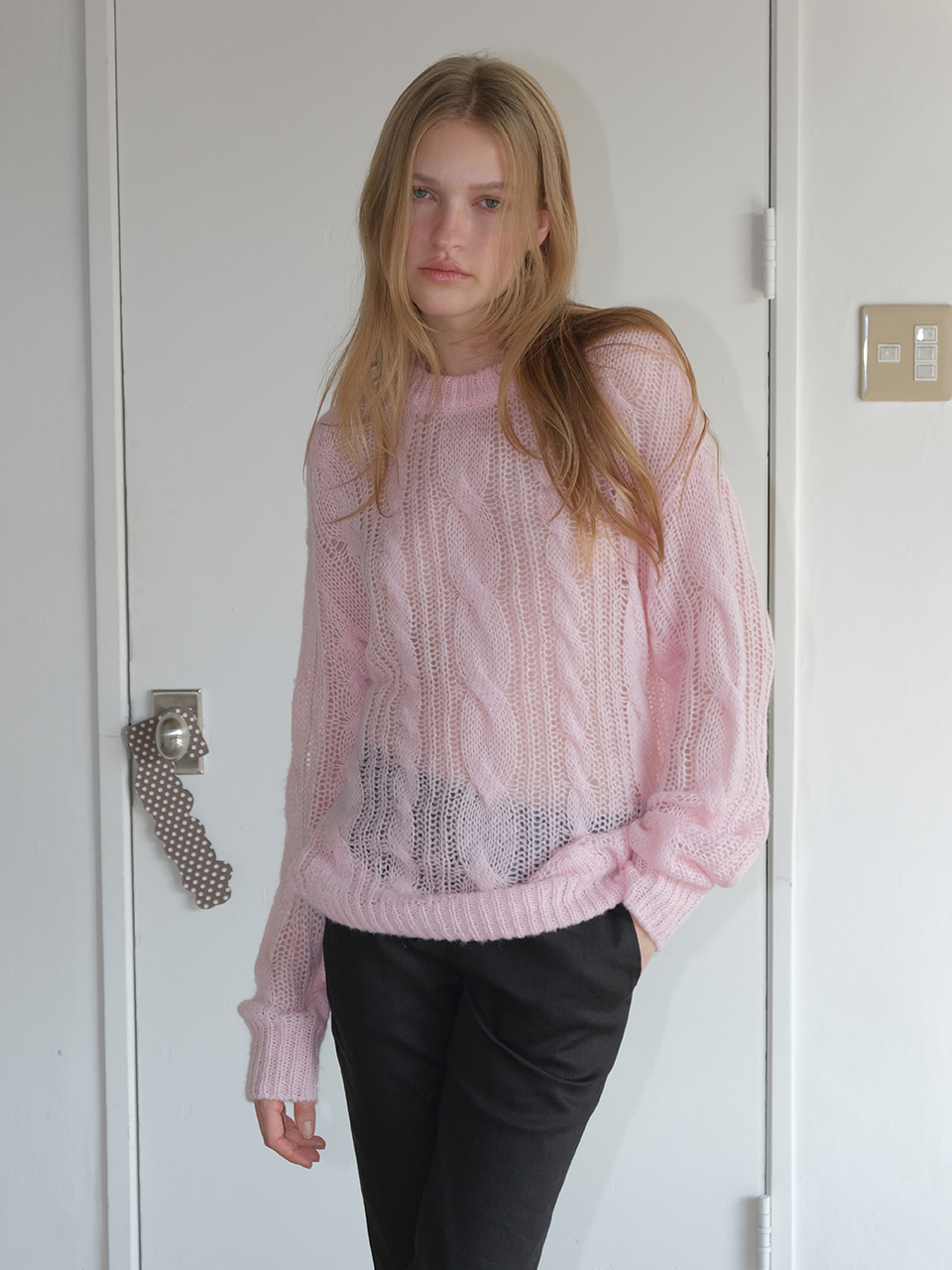 Hairy Cable Pullover Knit, Light Pink