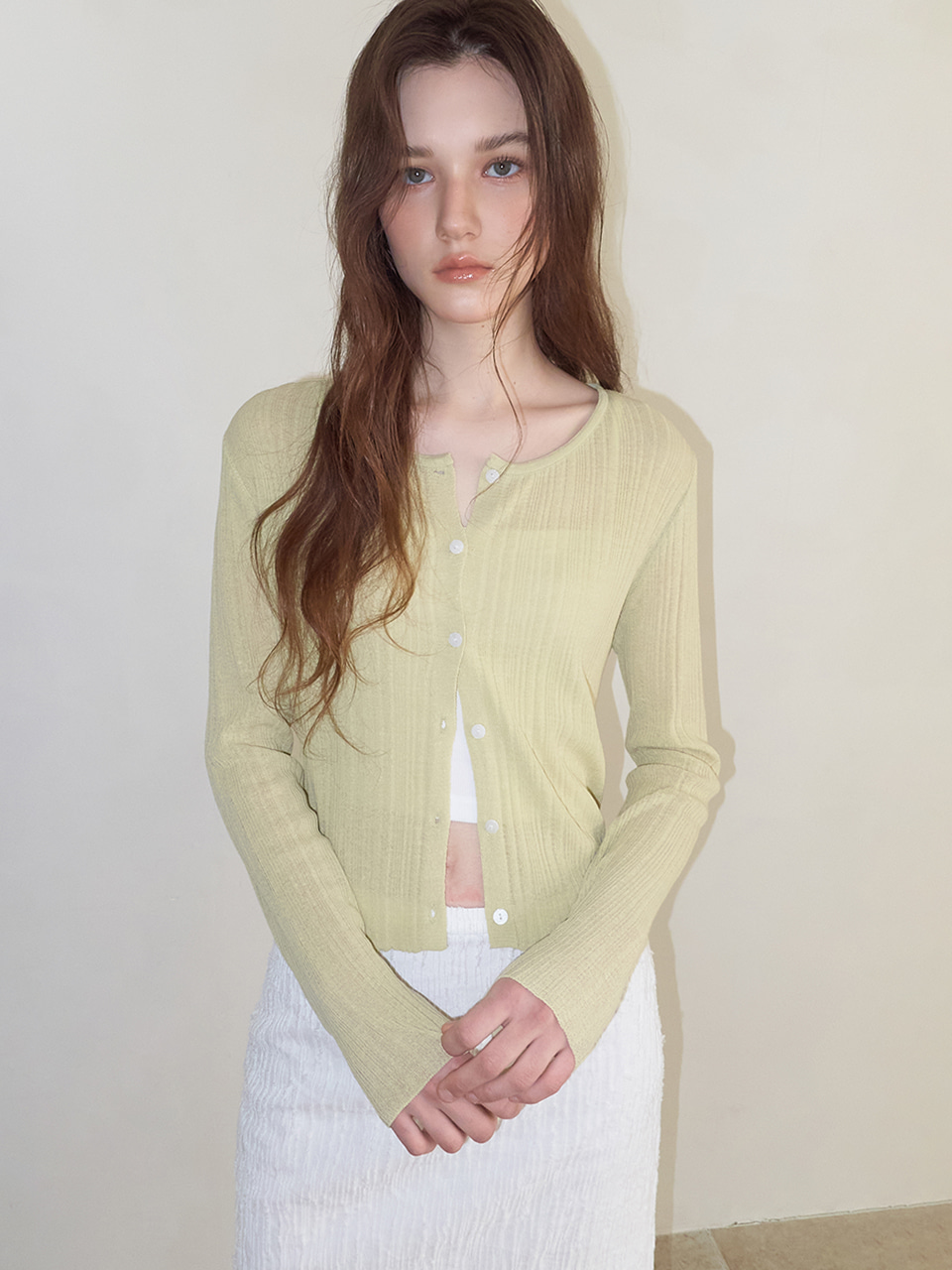 Linen Round Cardigan, Light Green