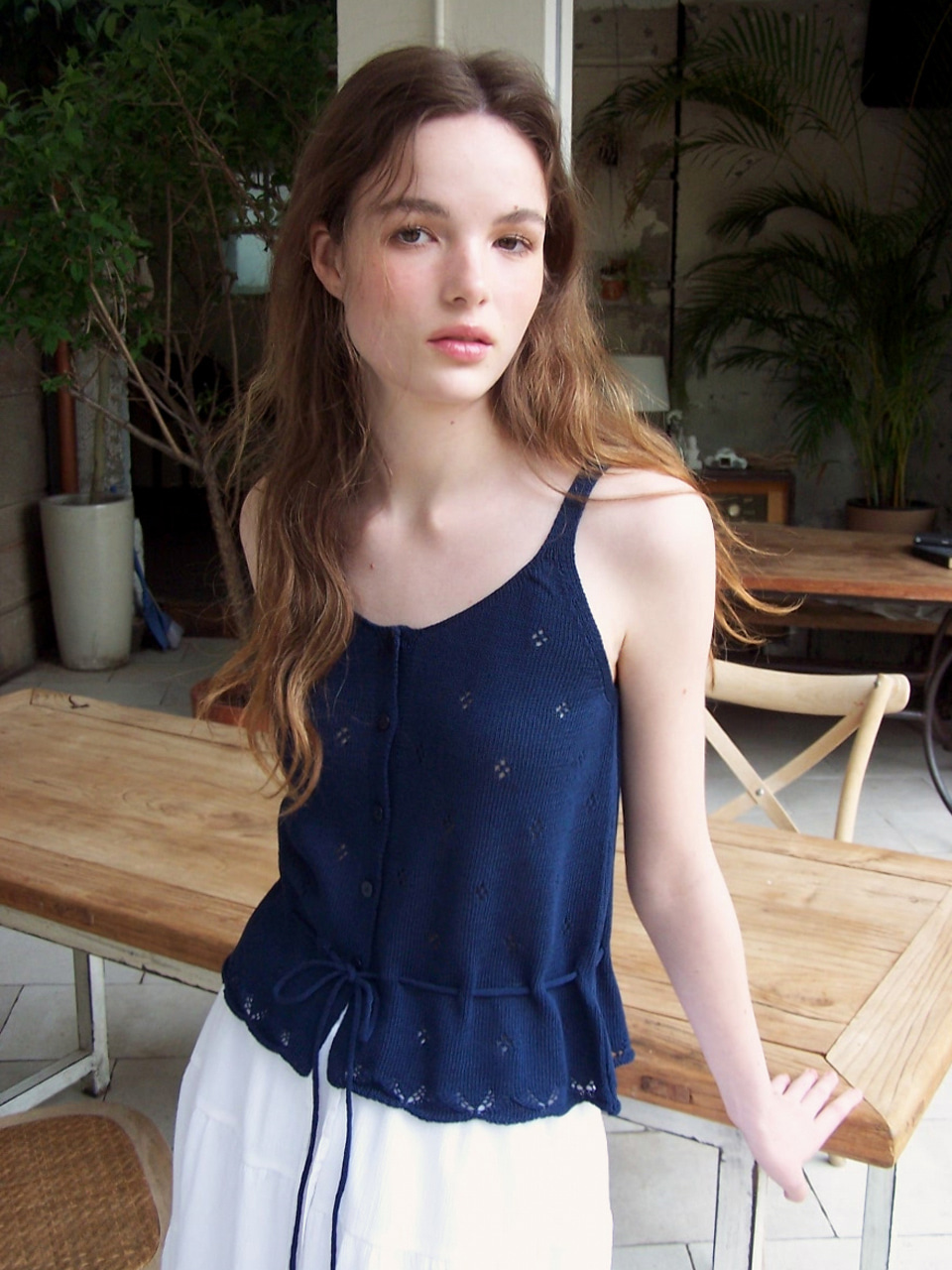 Scalloped Eyelet Knit Sleeveless, Navy