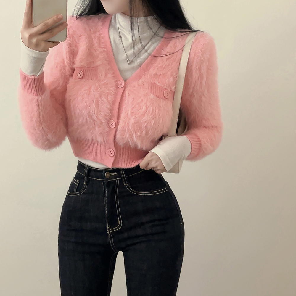 ファークロップドVネックニットカーディガン | ファッション通販サイト