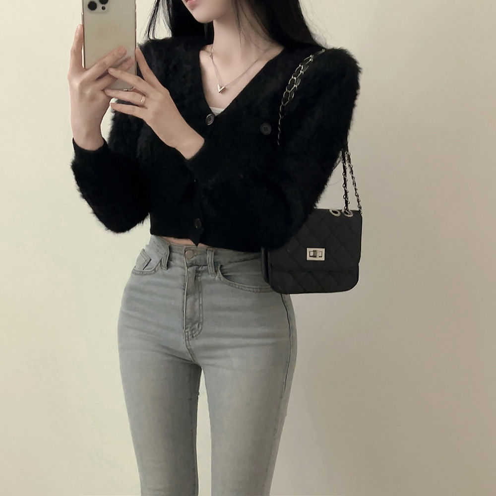 ハーリップトゥ ブラック クロップドカーディガンM ファークロップドVネックニットカーディガン | ファッション通販サイト