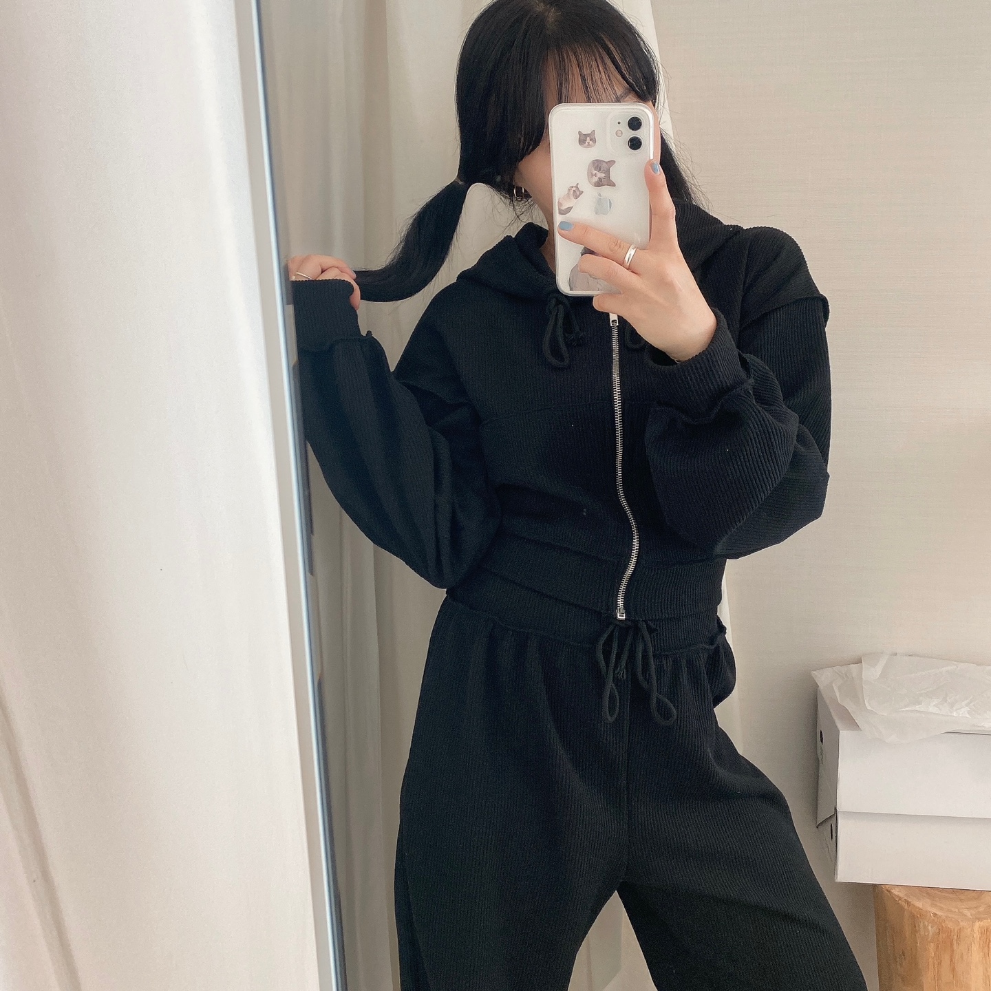 SET] リブクロップドパーカー、リブワイドゴムパンツセット