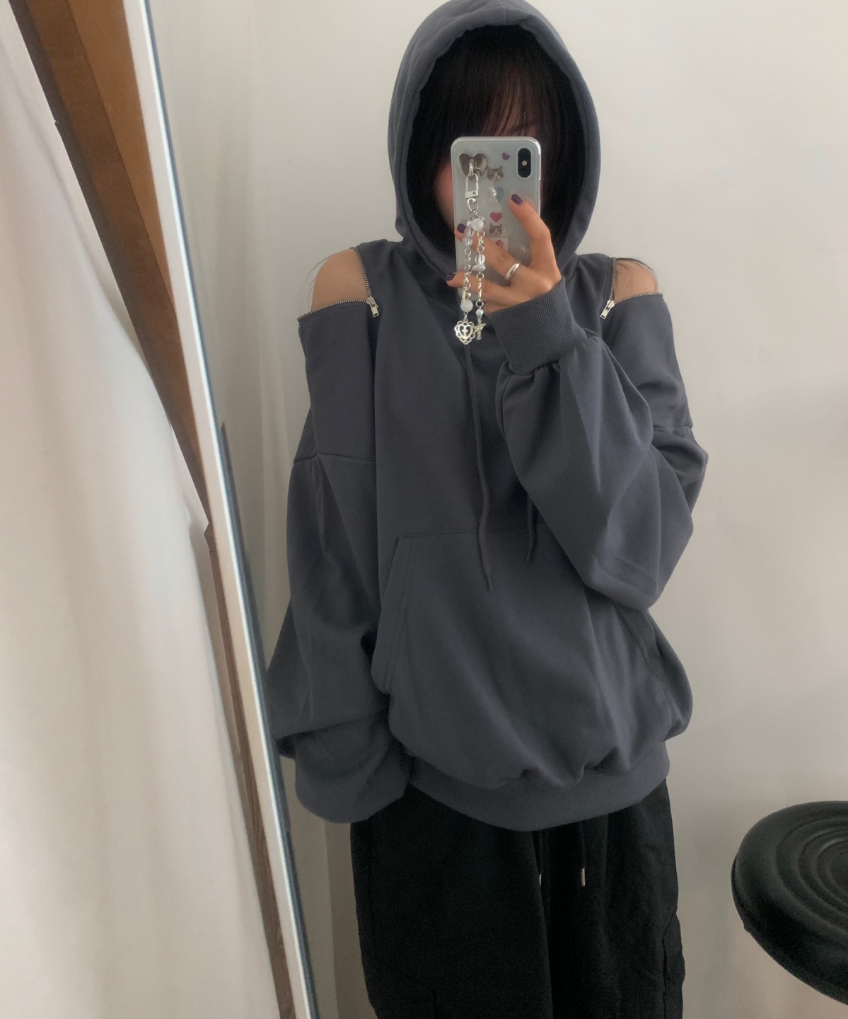 セナココCOACHブラックフード付きロングパーカー ショルダージップアップスリットオーバーサイズフードパーカー
