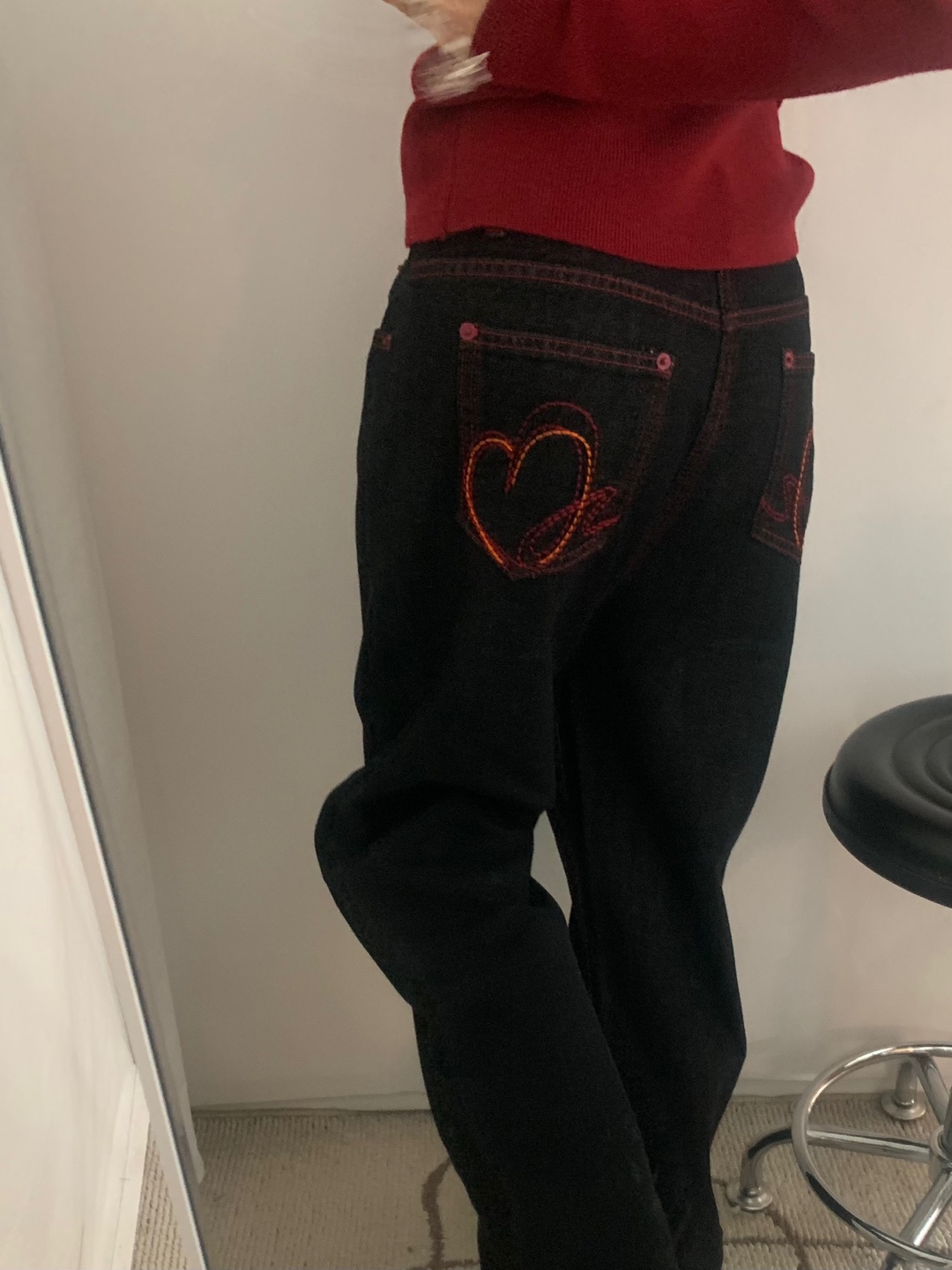 ハートステッチワイドブラックデニムパンツ | ファッション通販