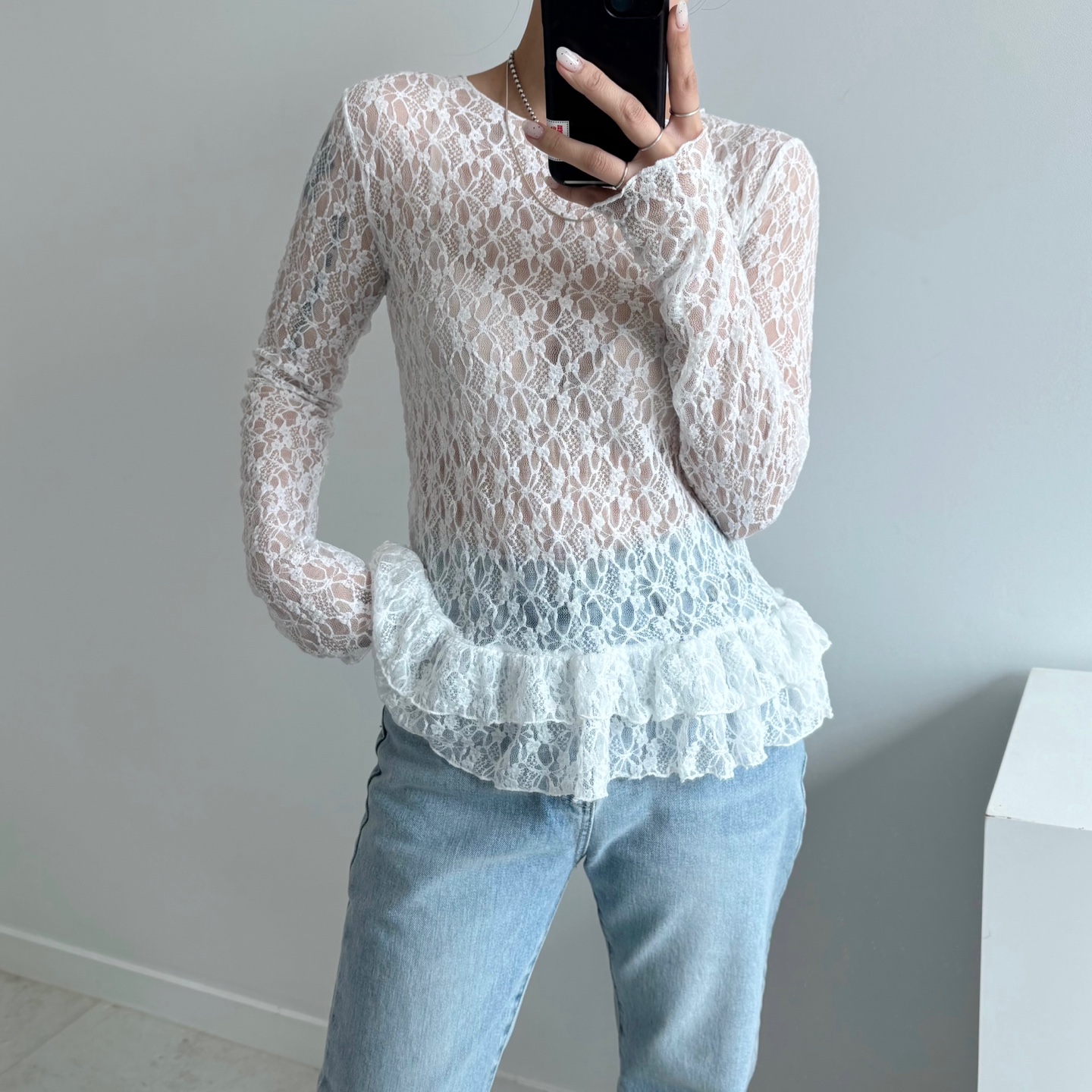 レースティアードフリルレイヤード長袖Tシャツ