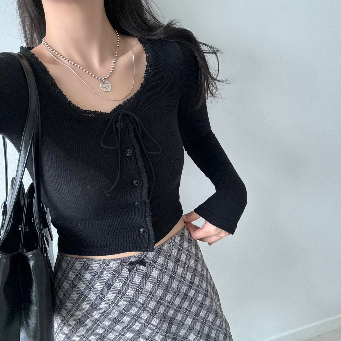 [2col]キッチュレースリボンクロップドニットカーディガン