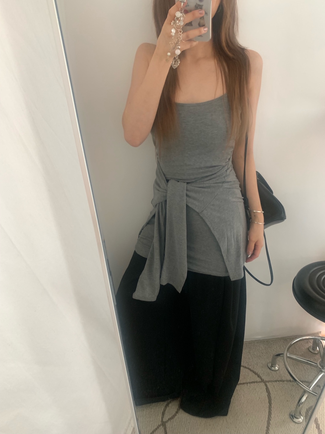 [カップ付き]ウエスト結び目スパンミニキャミワンピース