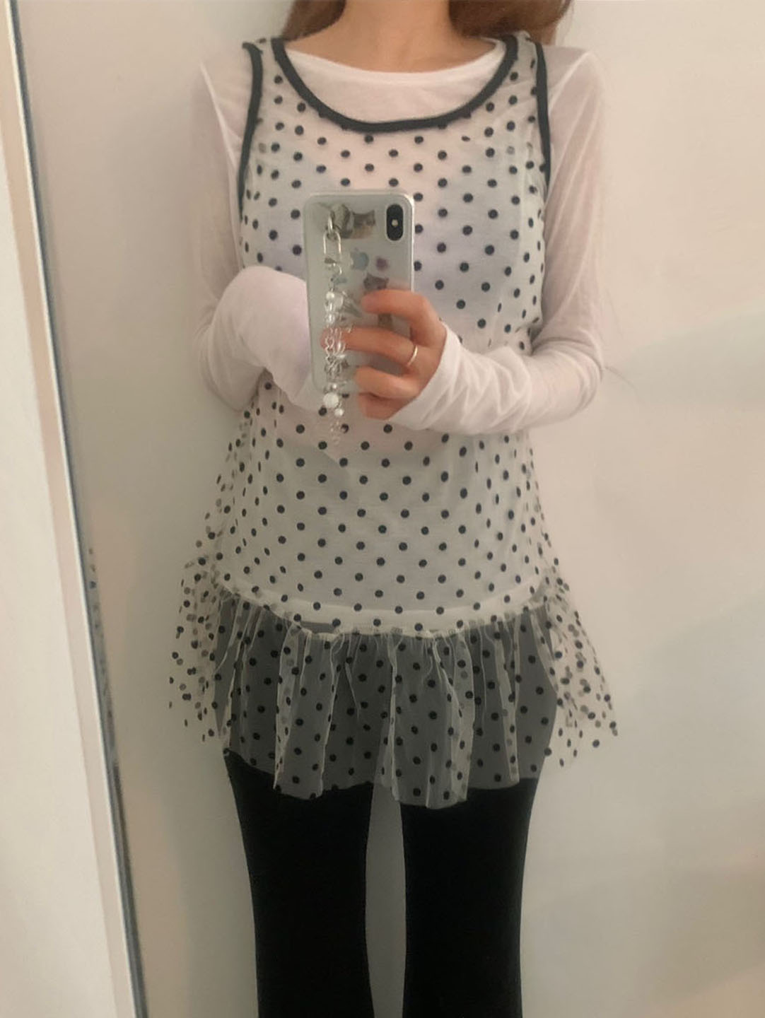 ドット柄チュールレイヤードフリルノースリーブ