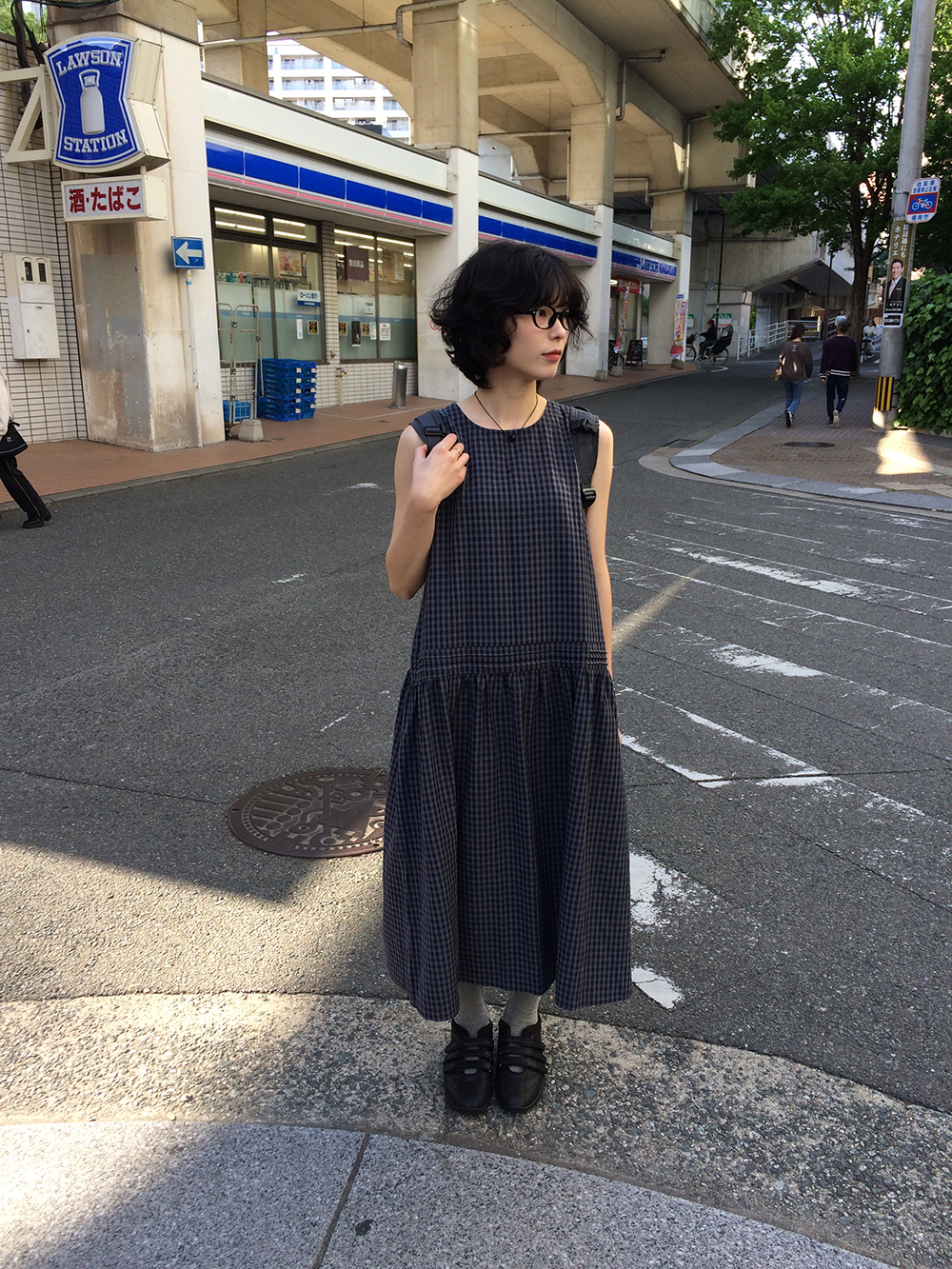 チェックロングワンピース