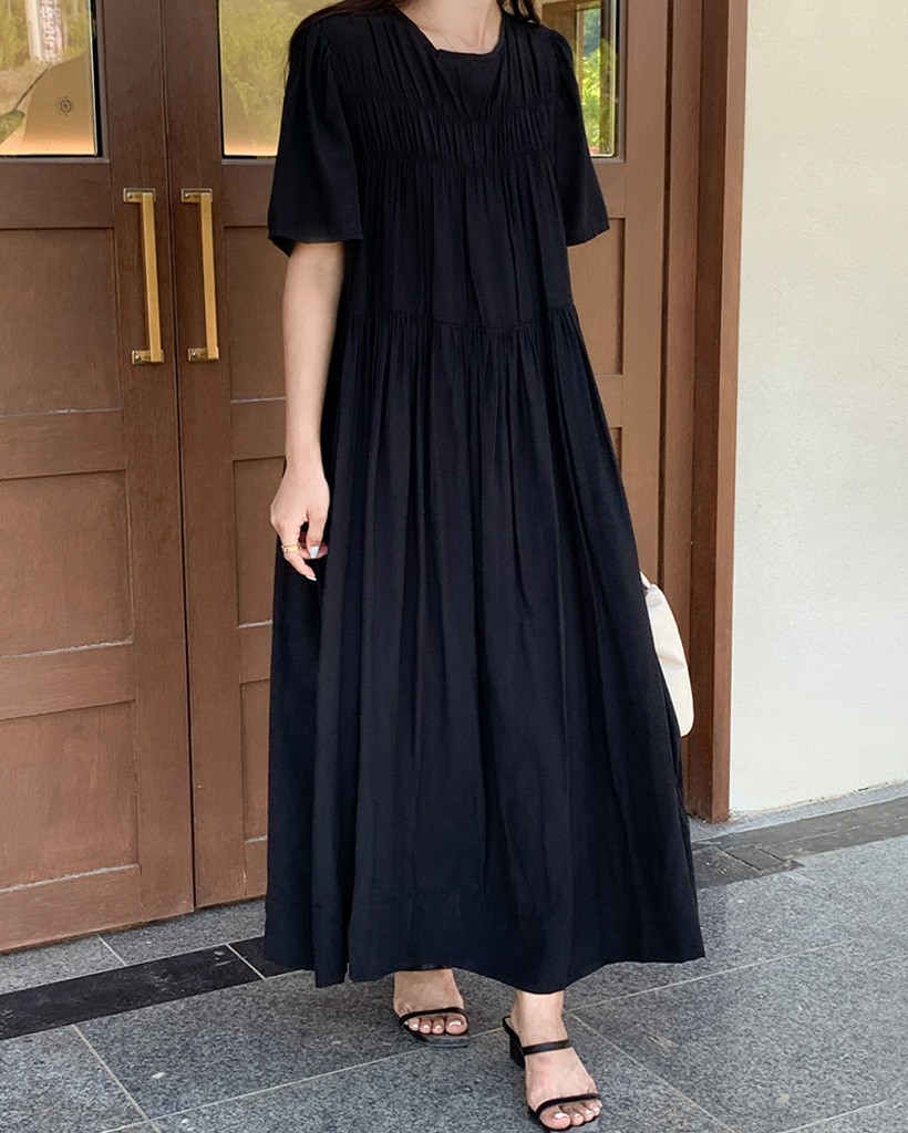 シャーリングロングワンピース original/S-XL]シャーリングロングワンピース | ファッション