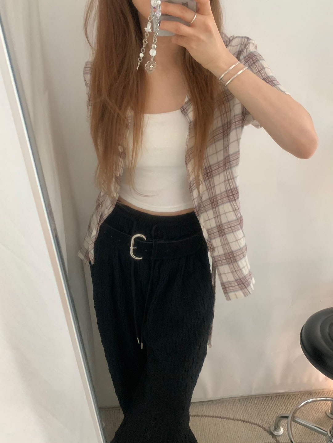 チェックサイドシャーリングフード付き半袖シャツ