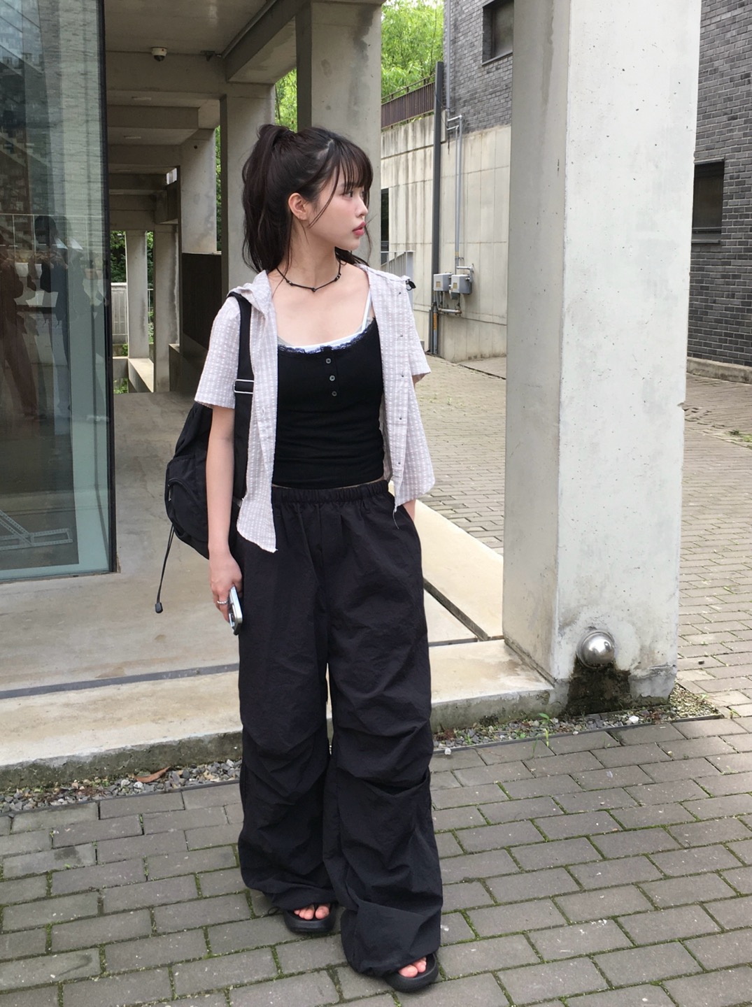 ワイドパンツ ゆったり カジュアル ナイロンパンツ 韓国 L3324 接触冷感 ツータックスラックス ワイドパンツ[品番：JX000003737