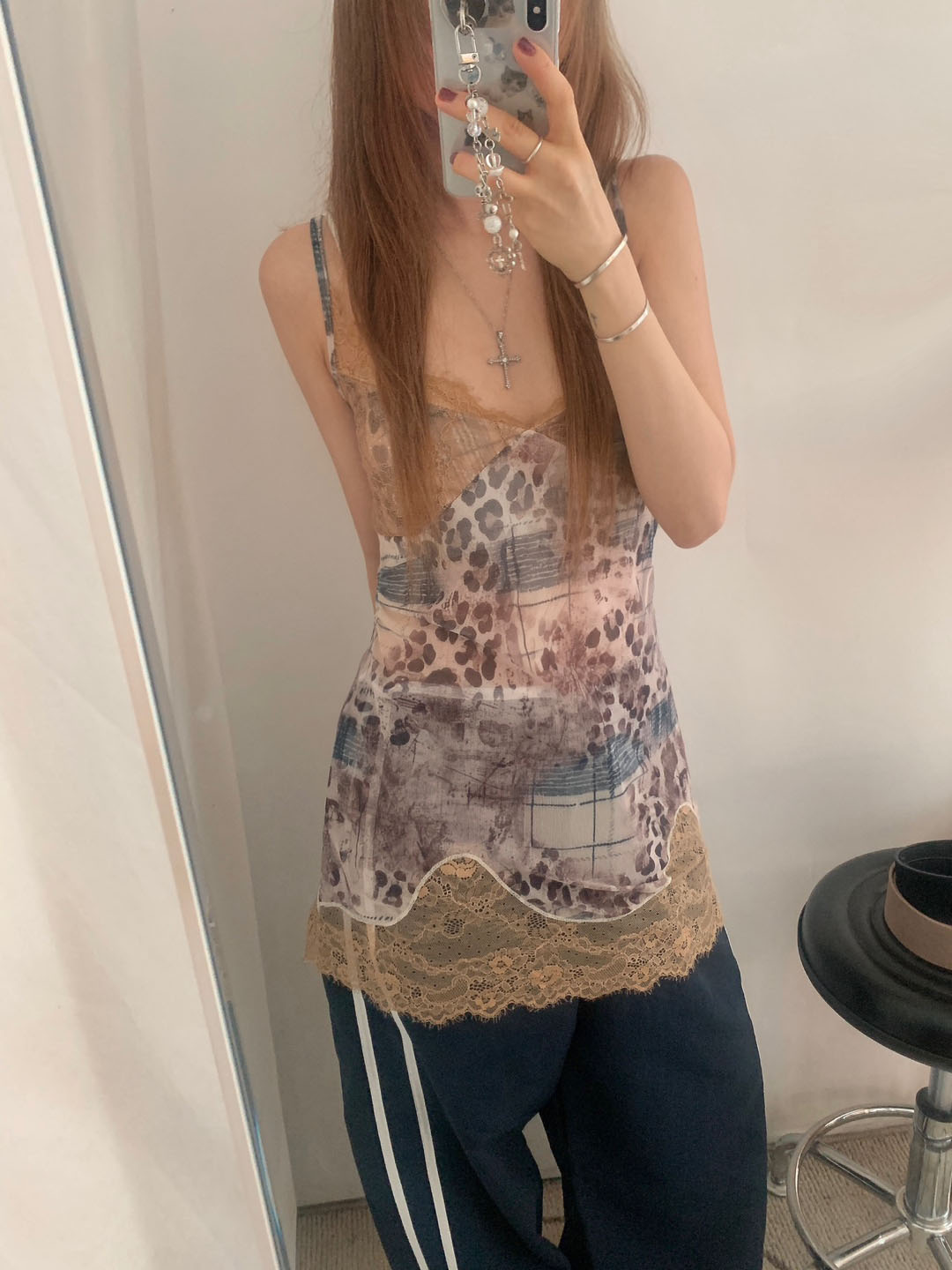 レースレオパードヴィンテージレイヤードロングキャミソール