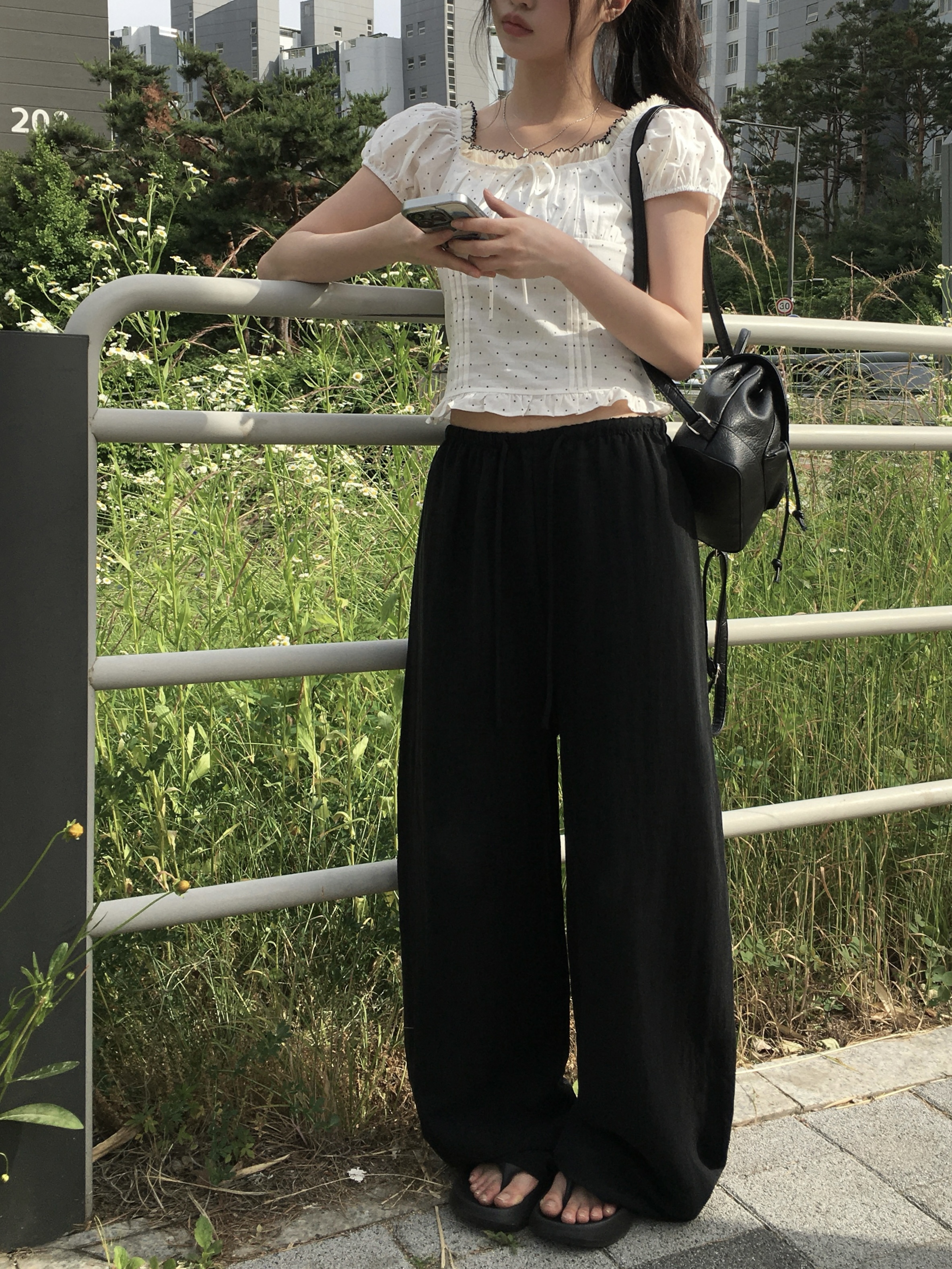 サマーリネン混ウエストゴムワイドストレートロングパンツ