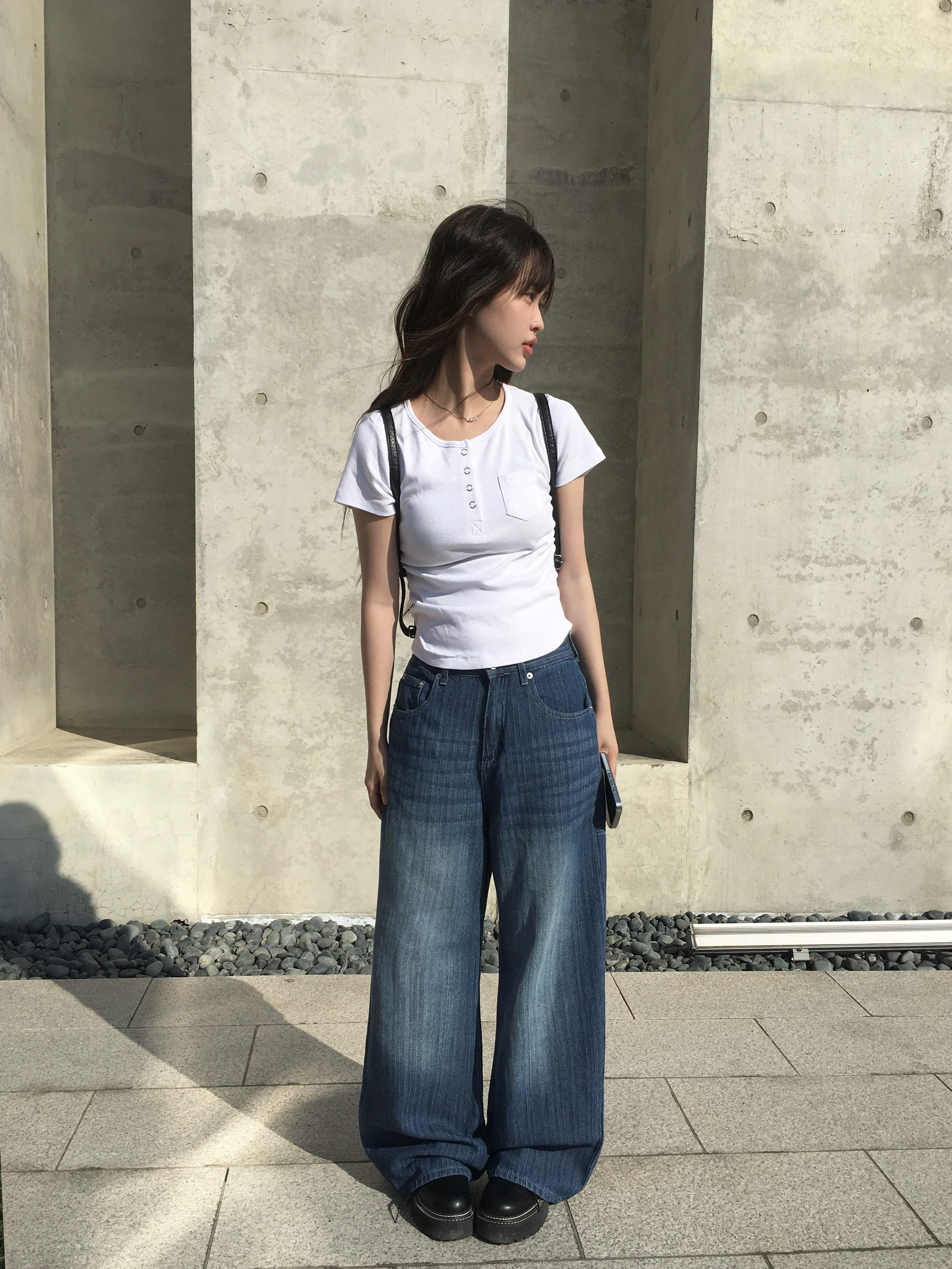 Push Pushストライプ ワイドデニムパンツ