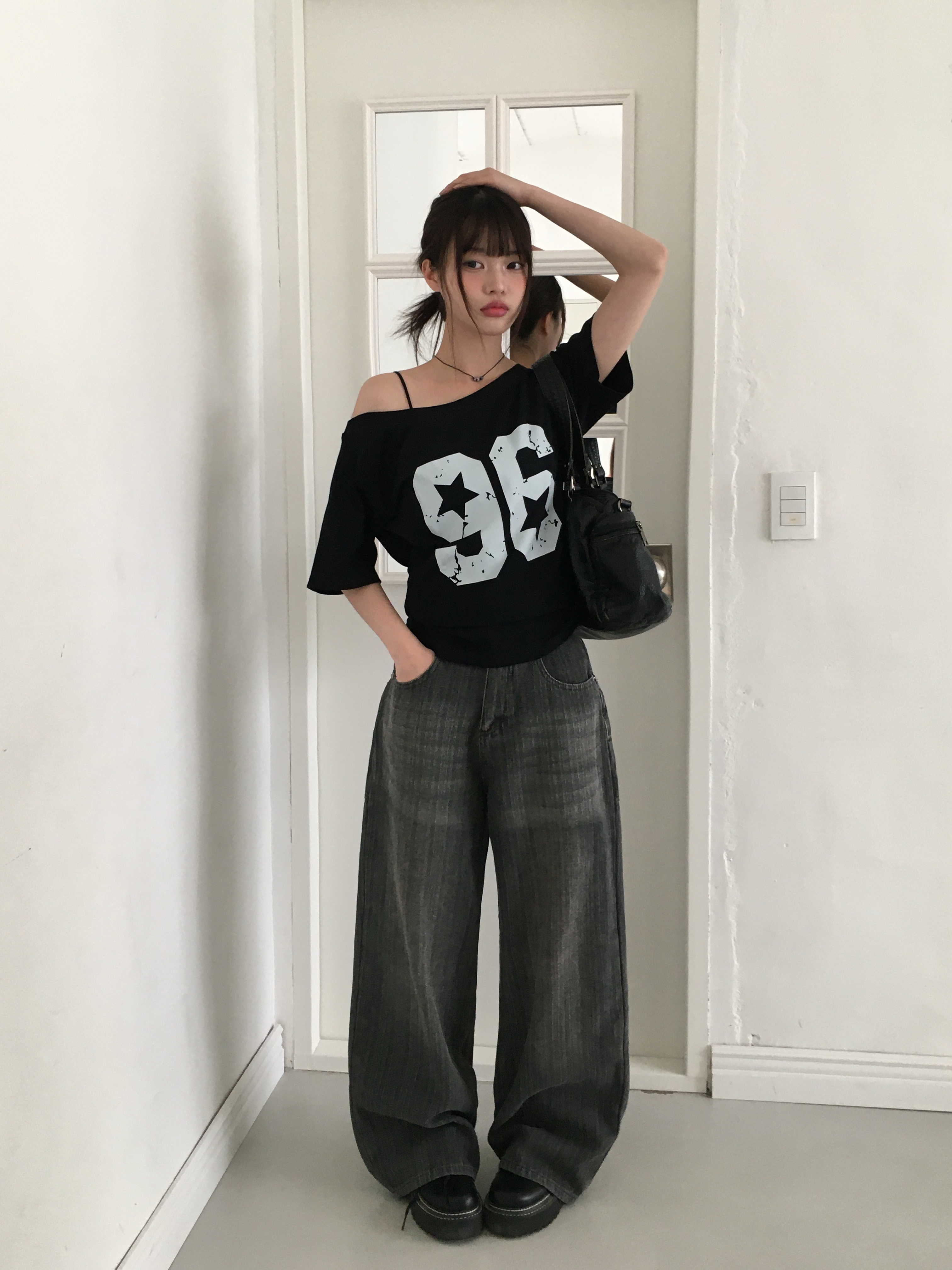 Miiuuuページ ストライプウォッシングとろみワイドデニムパンツ | ファッション通販