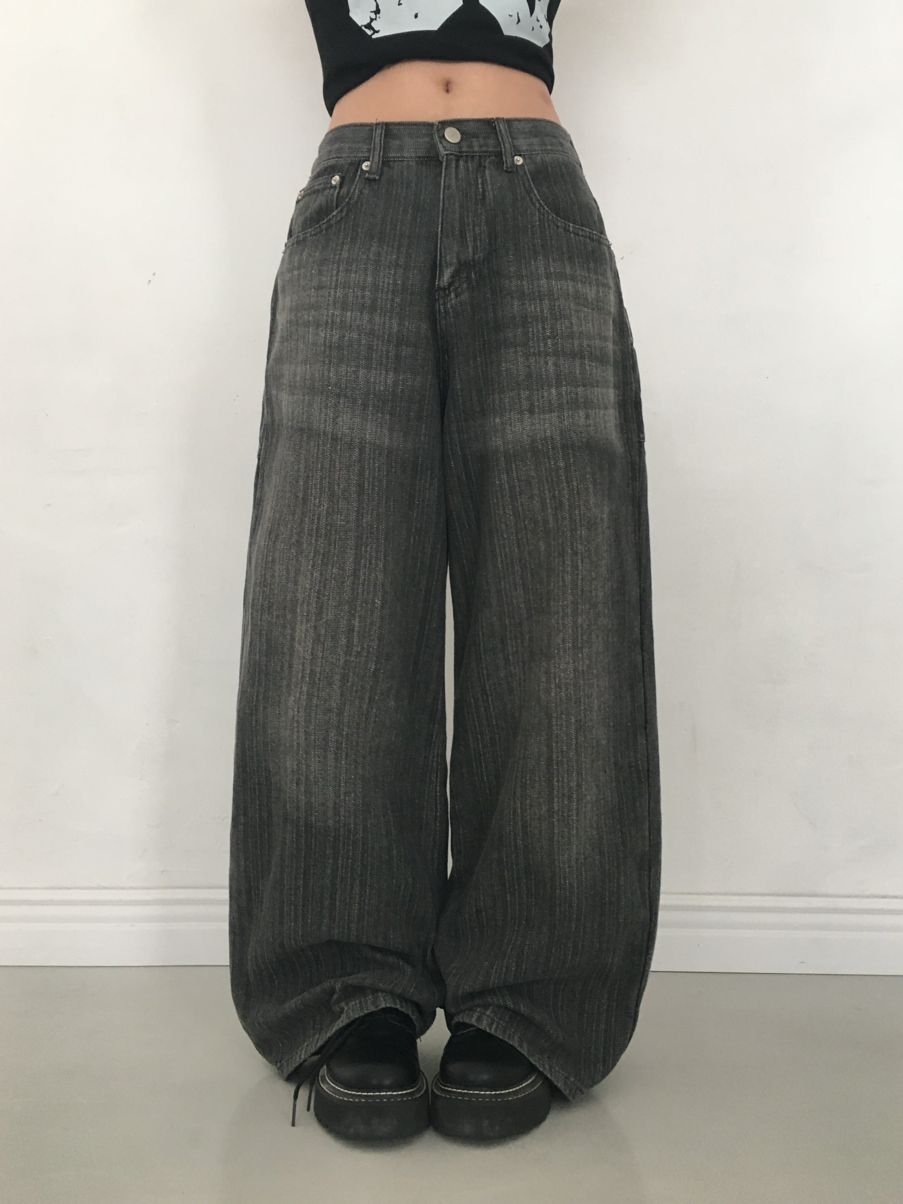 Miiuuuページ ストライプウォッシングとろみワイドデニムパンツ | ファッション通販