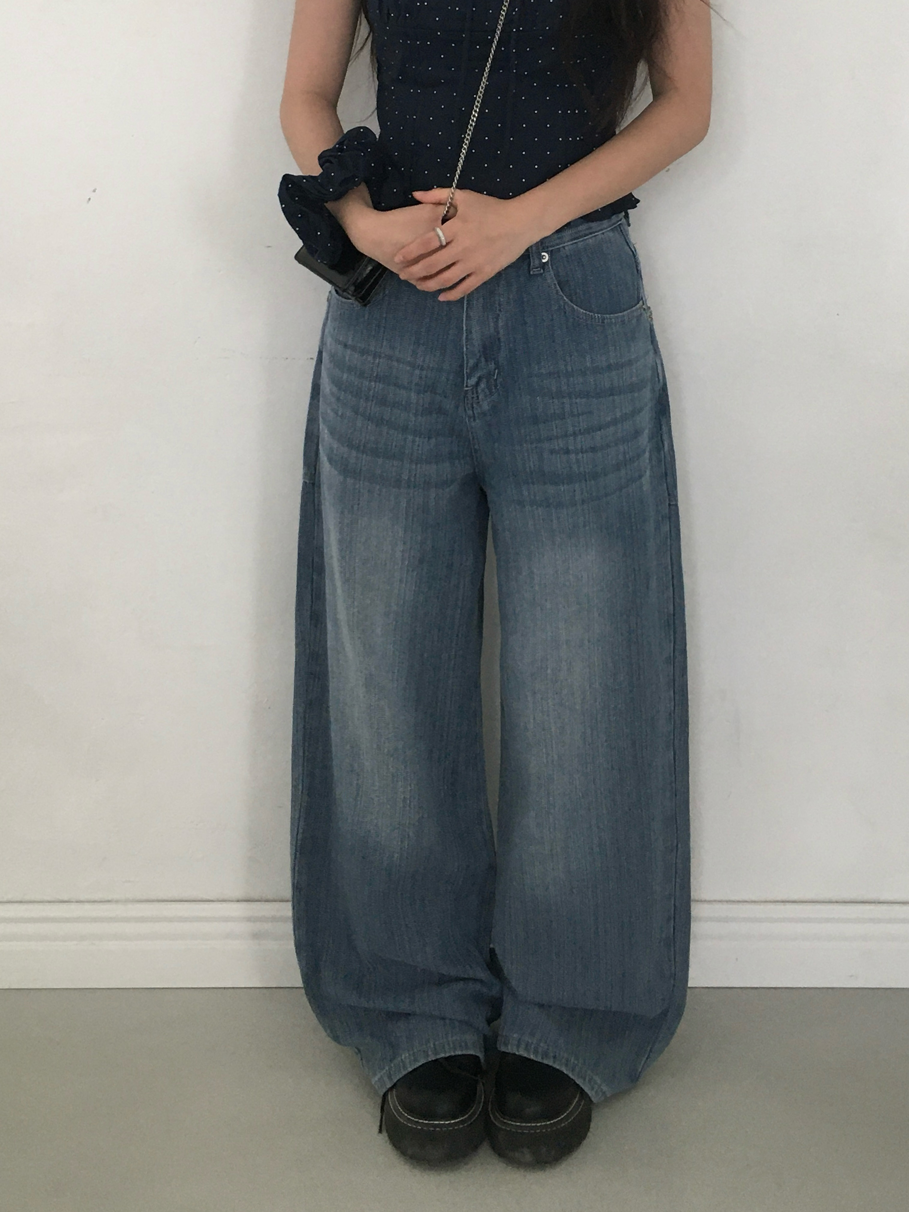 ストライプウォッシングとろみワイドデニムパンツ