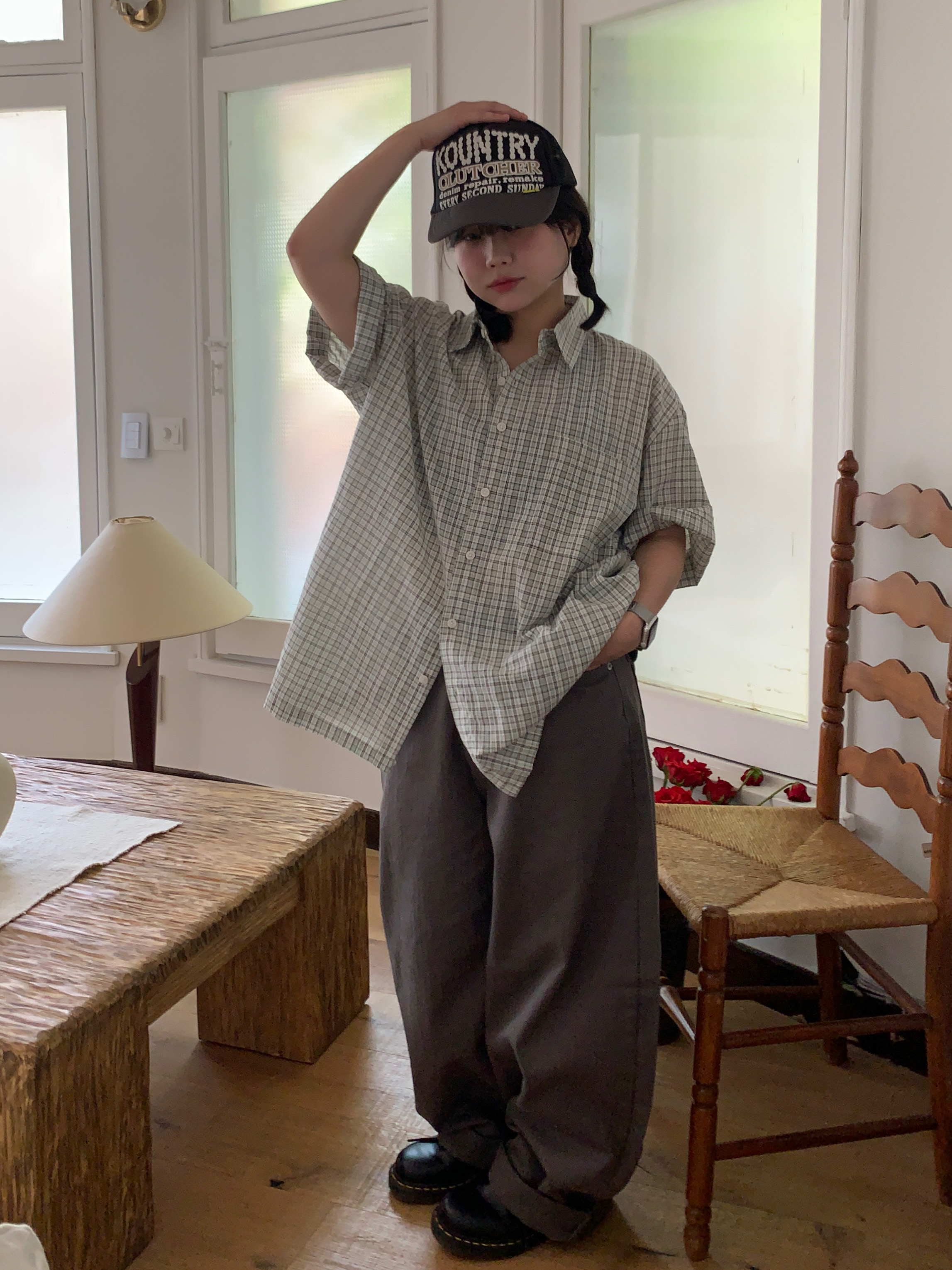 【HUECLOSET】★送料・関税込★モノチェックハーフシャツ CHECKED HALF-ZIP SHIRT オーバーサイズチェックコットンハーフ