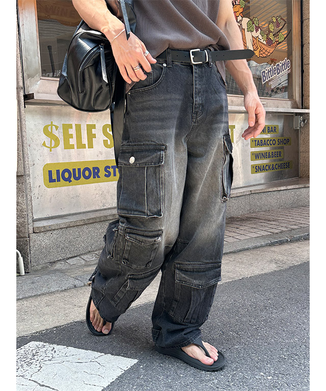Unisex] Multi cargo denim pants(3color) | ファッション通販