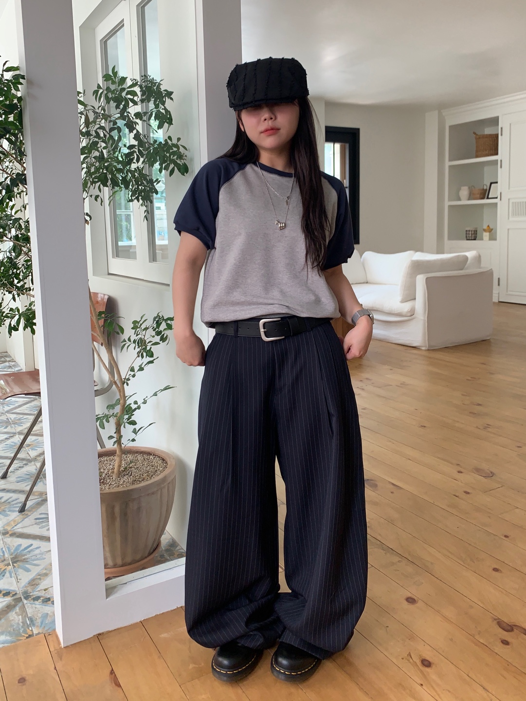 sho5★トゥモローランド パンツスーツ ストライプ L 背抜き ブラック セミワイドパンツ／ウォッシャブル／EASY STRETCH／シャドー