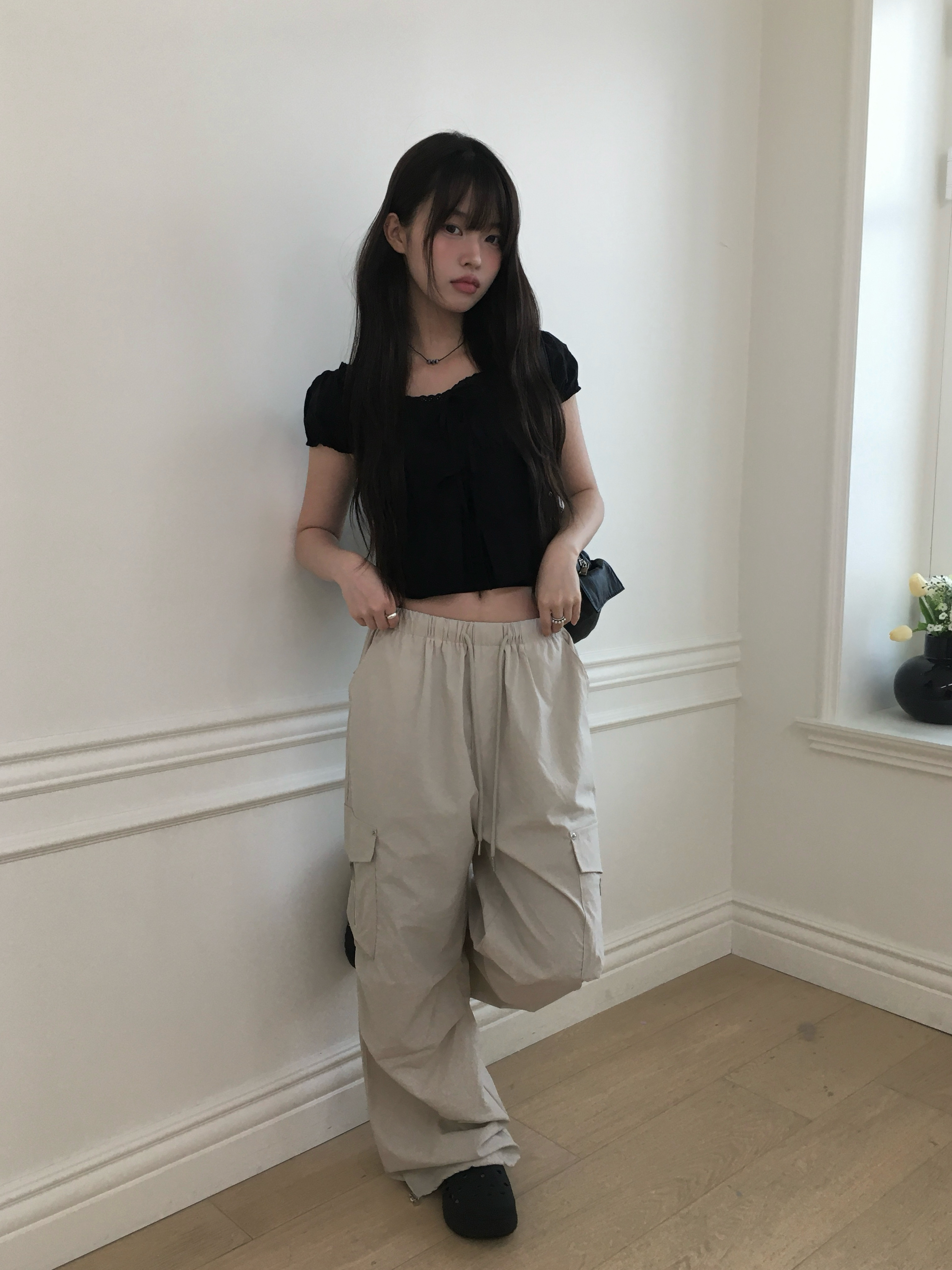 ウエストゴム膝ダーツ裾ドロストナイロンワイドパンツ | ファッション