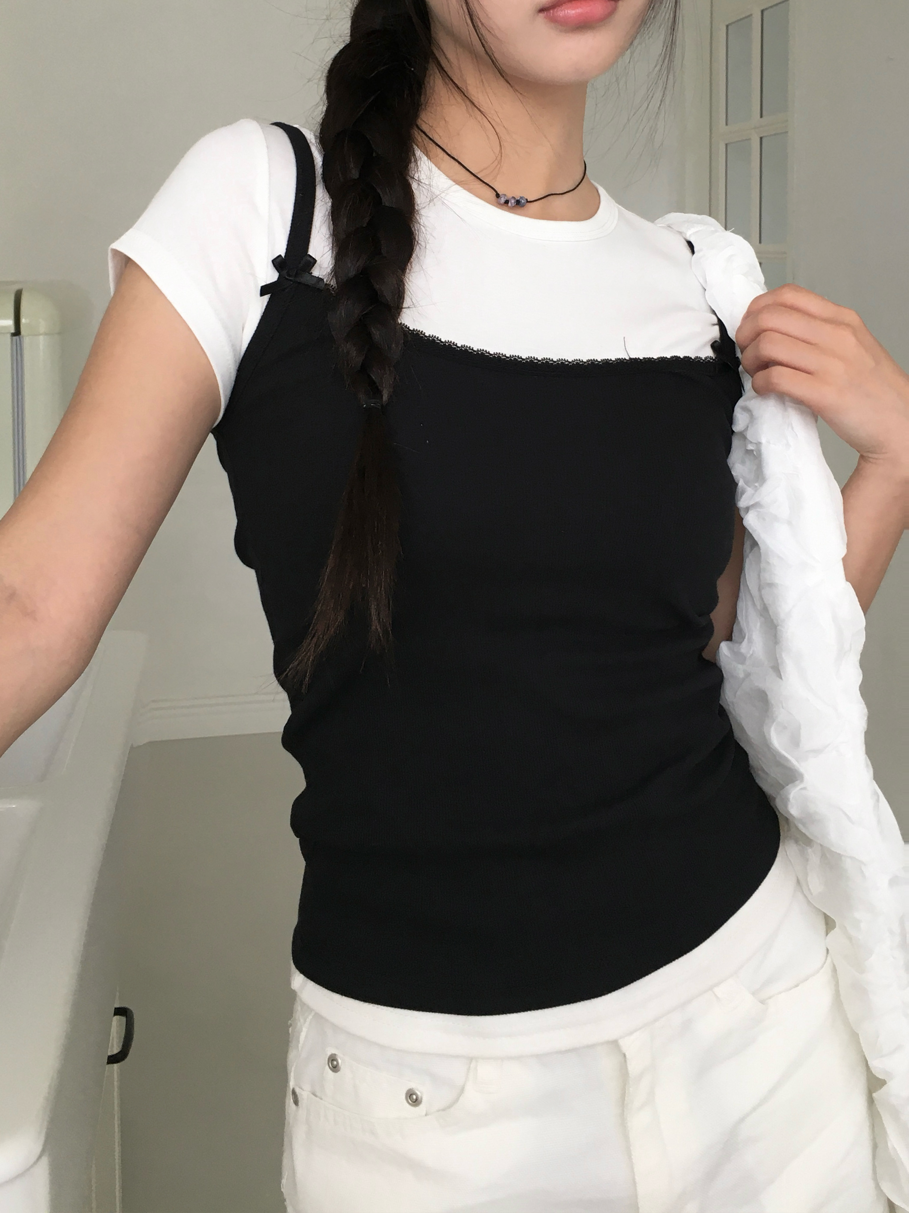 肩紐リボンレーススクエアネックキャミソール | ファッション