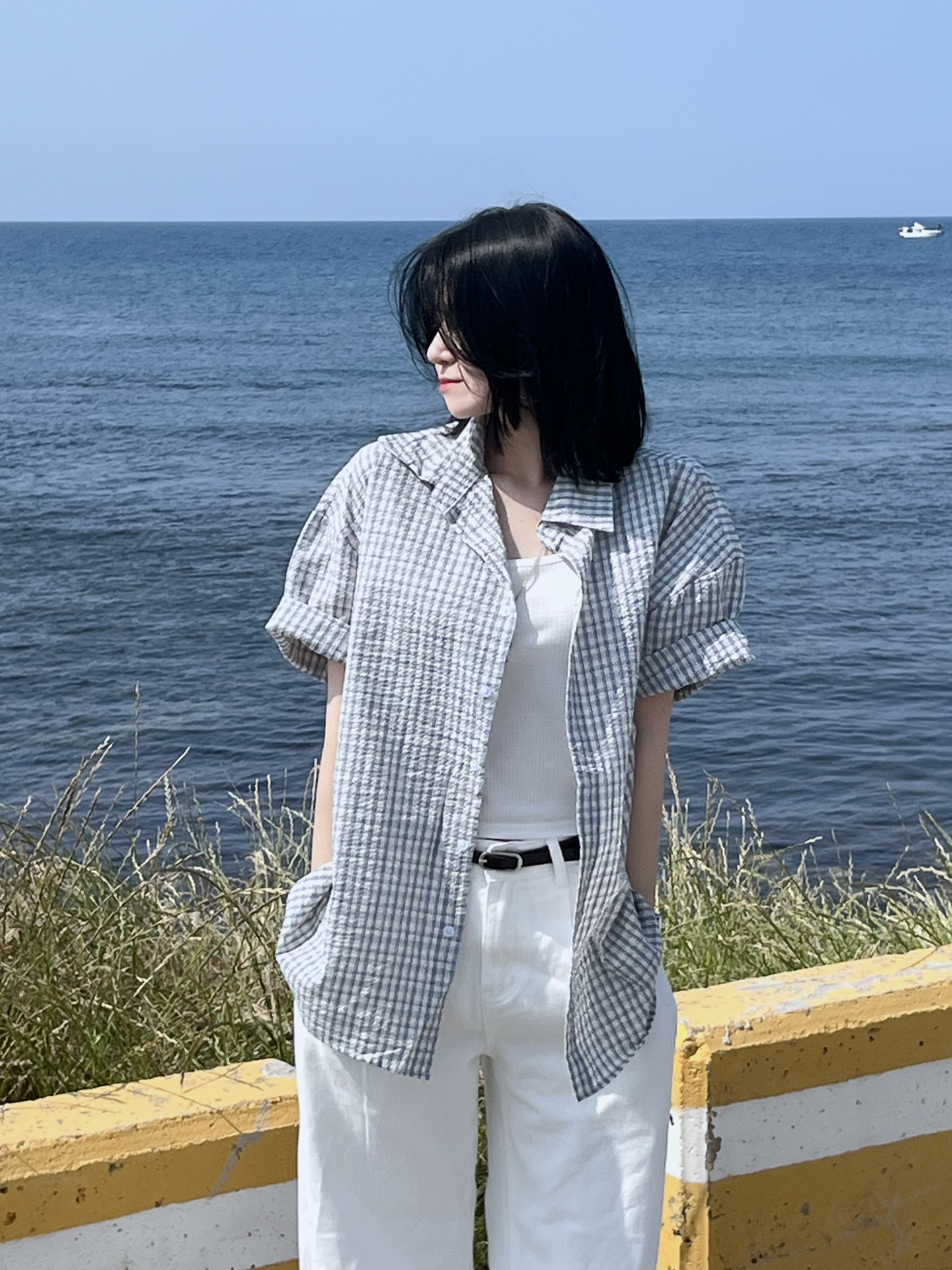 unisex]シアサッカー半袖チェックシャツ | ファッション通販