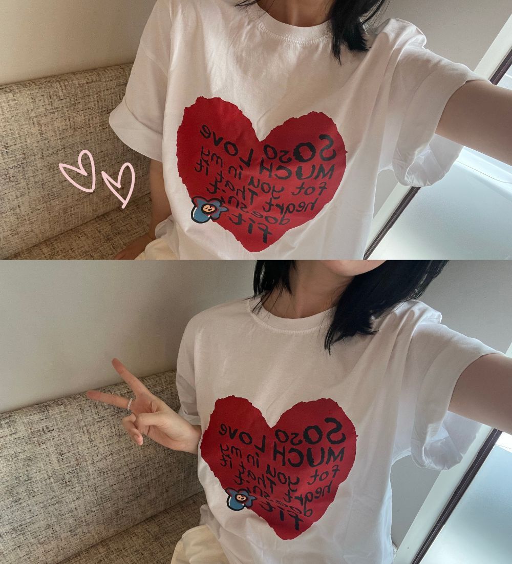 ハートデザイン Tシャツ Mサイズ woman]ハートレタリングプリントオーバーサイズ半袖Tシャツ
