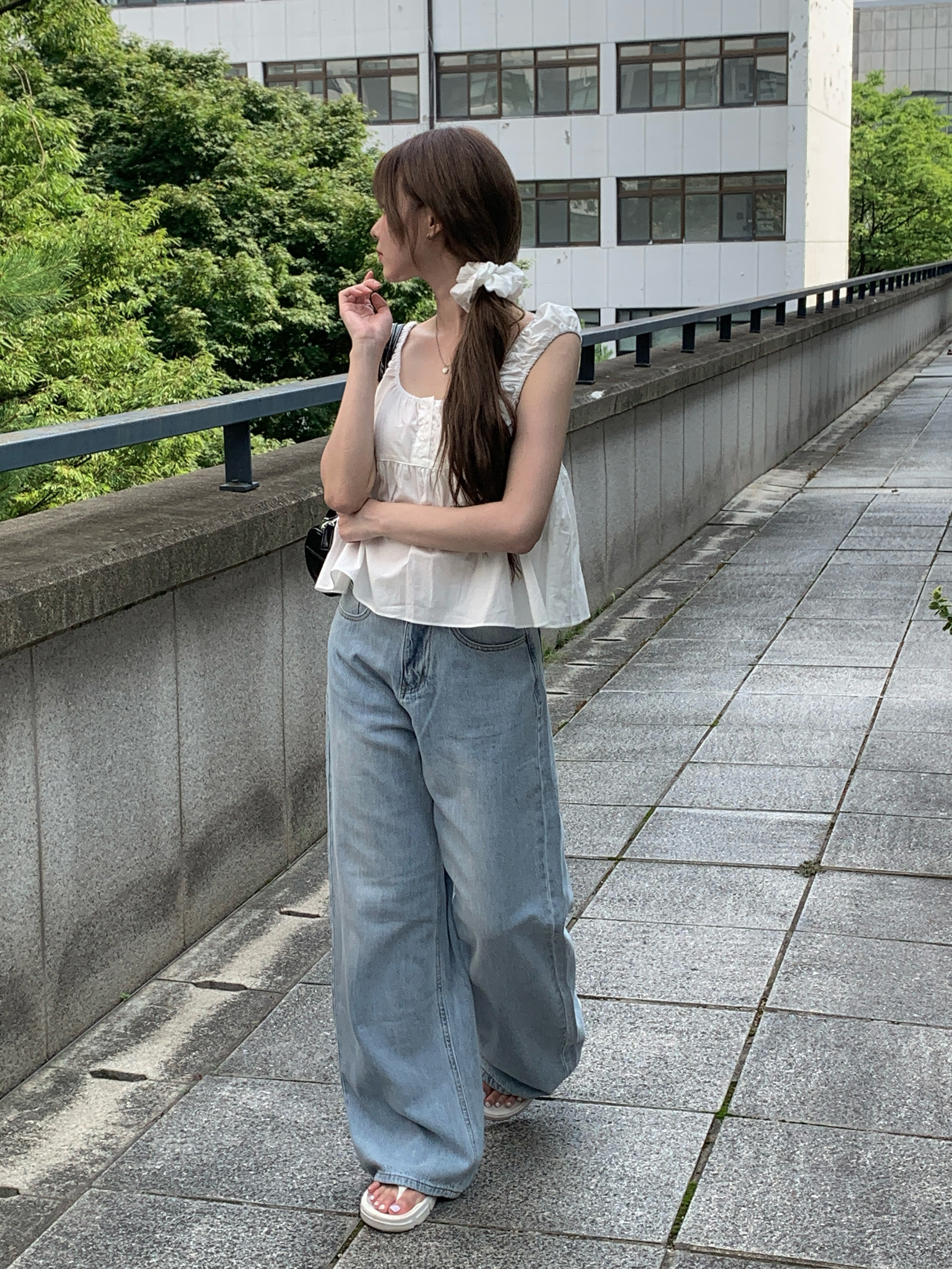 ライトブルーデニムウォッシングワイドロングパンツ | ファッション