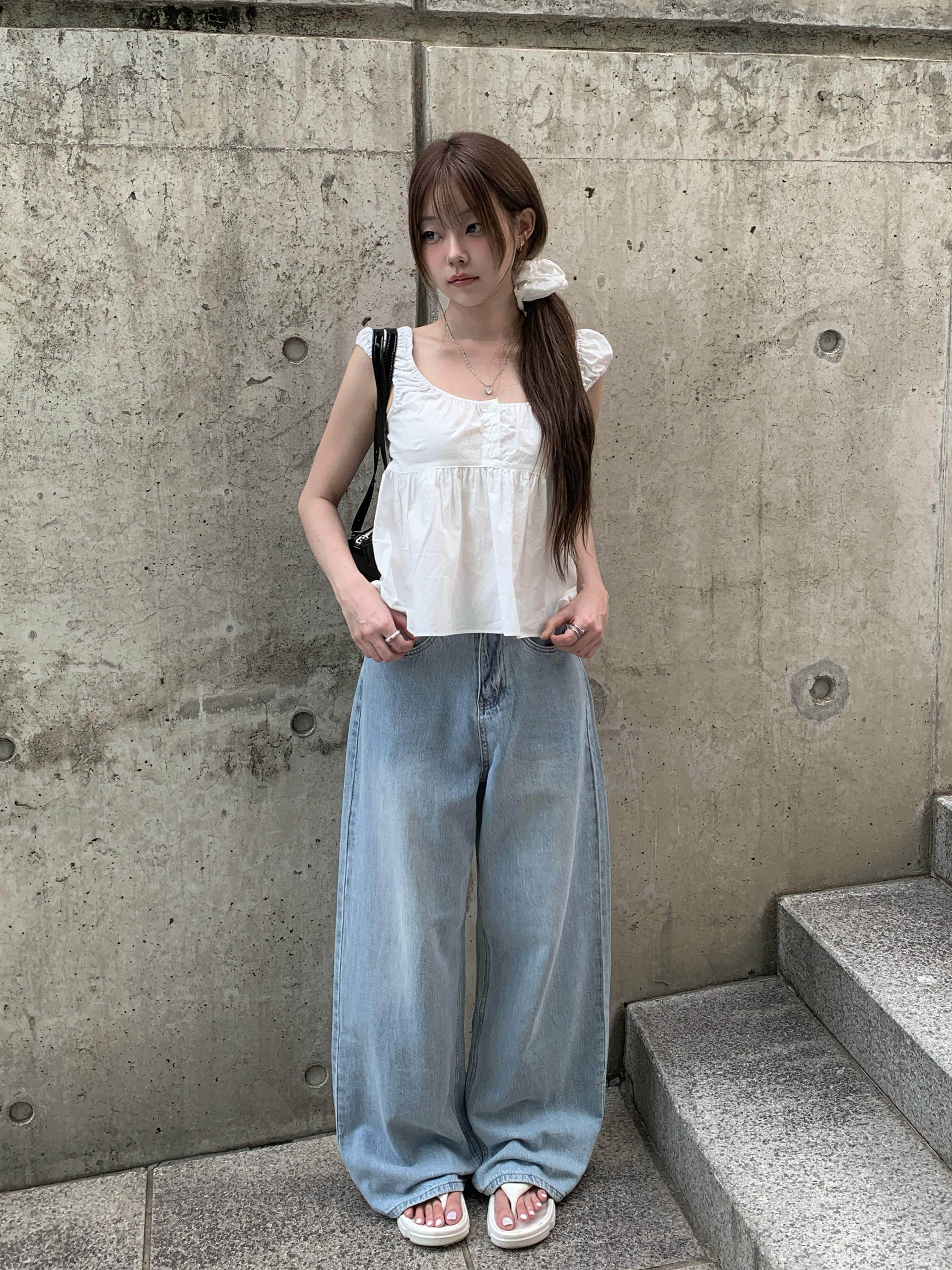 ライトブルーデニムウォッシングワイドロングパンツ | ファッション