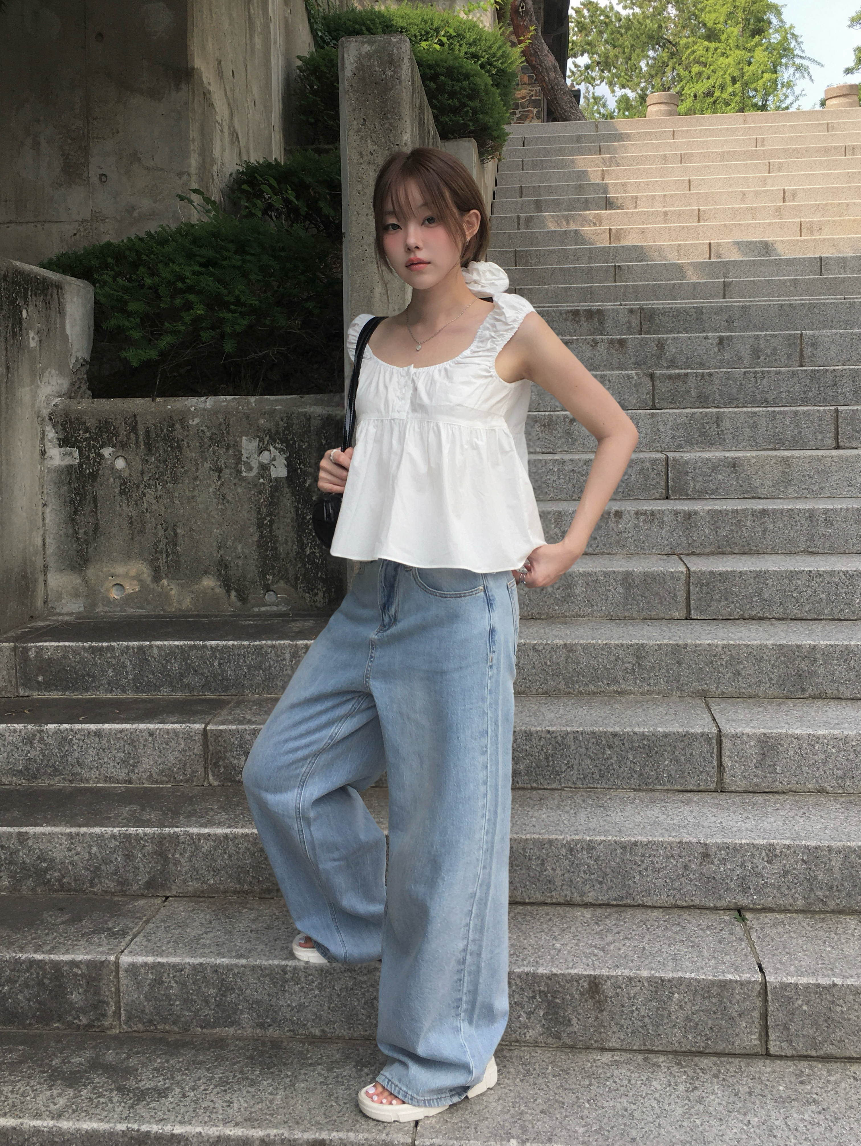 ライトブルーデニムウォッシングワイドロングパンツ | ファッション