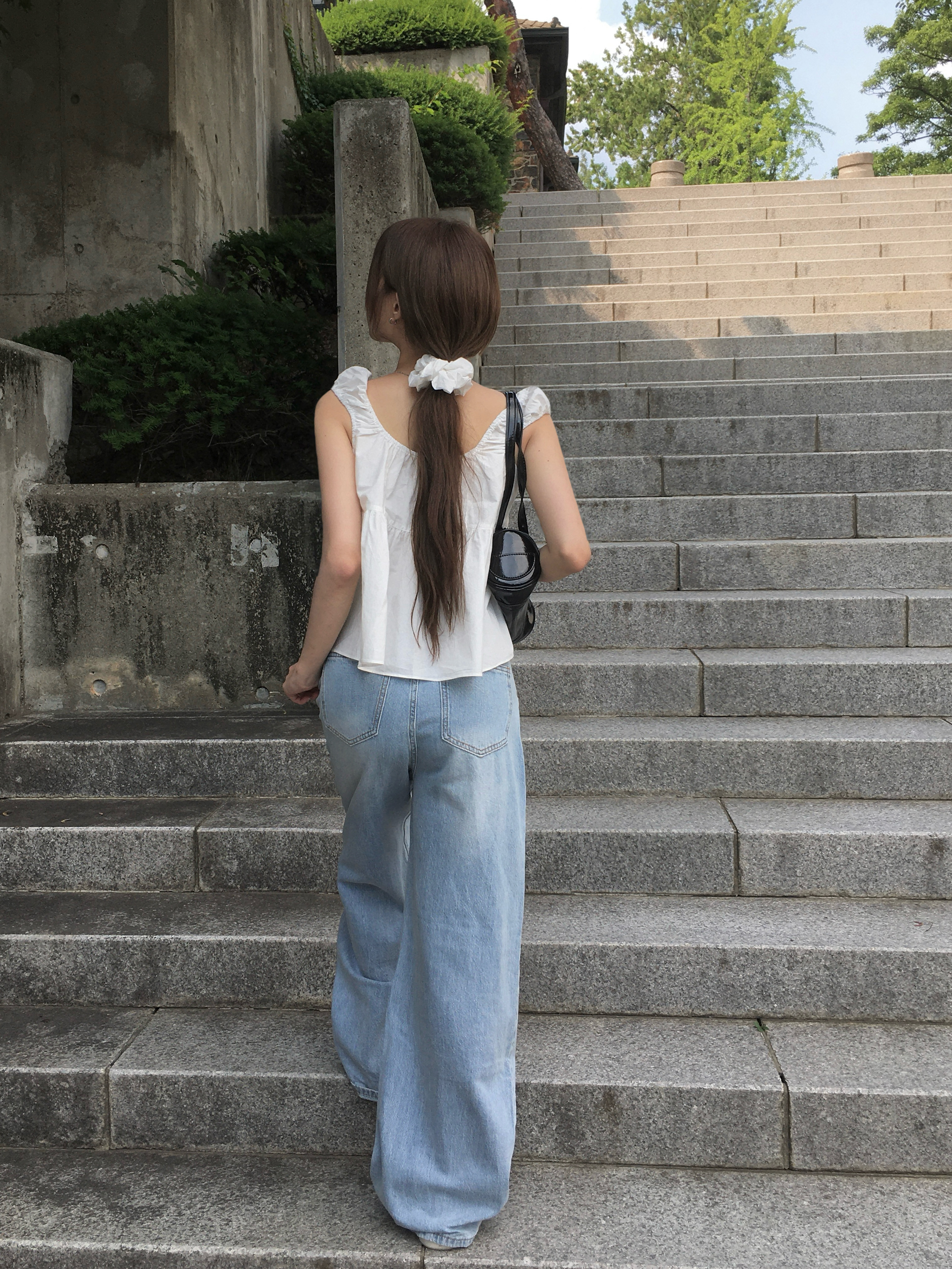 ライトブルーデニムウォッシングワイドロングパンツ | ファッション