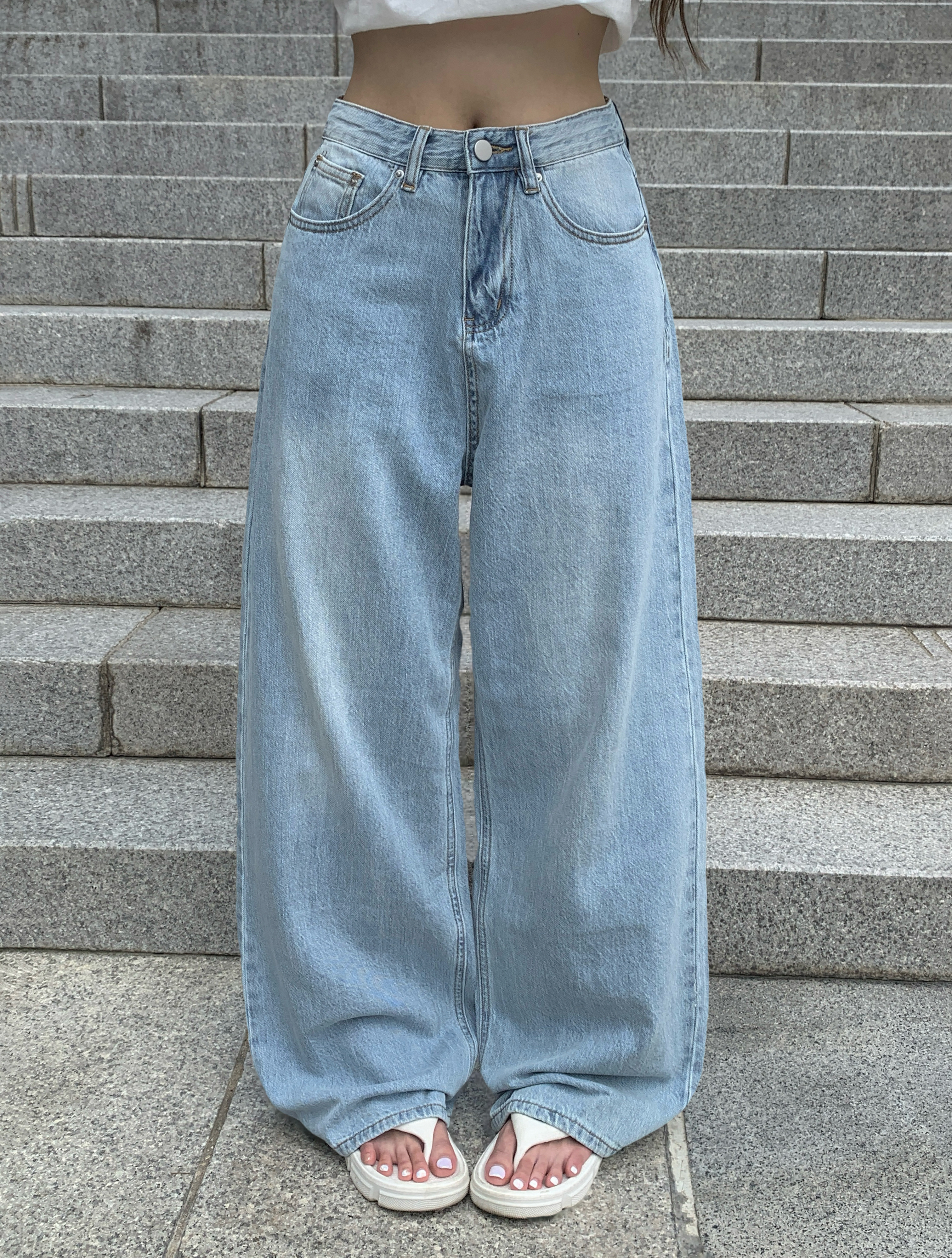ライトブルーデニムウォッシングワイドロングパンツ | ファッション