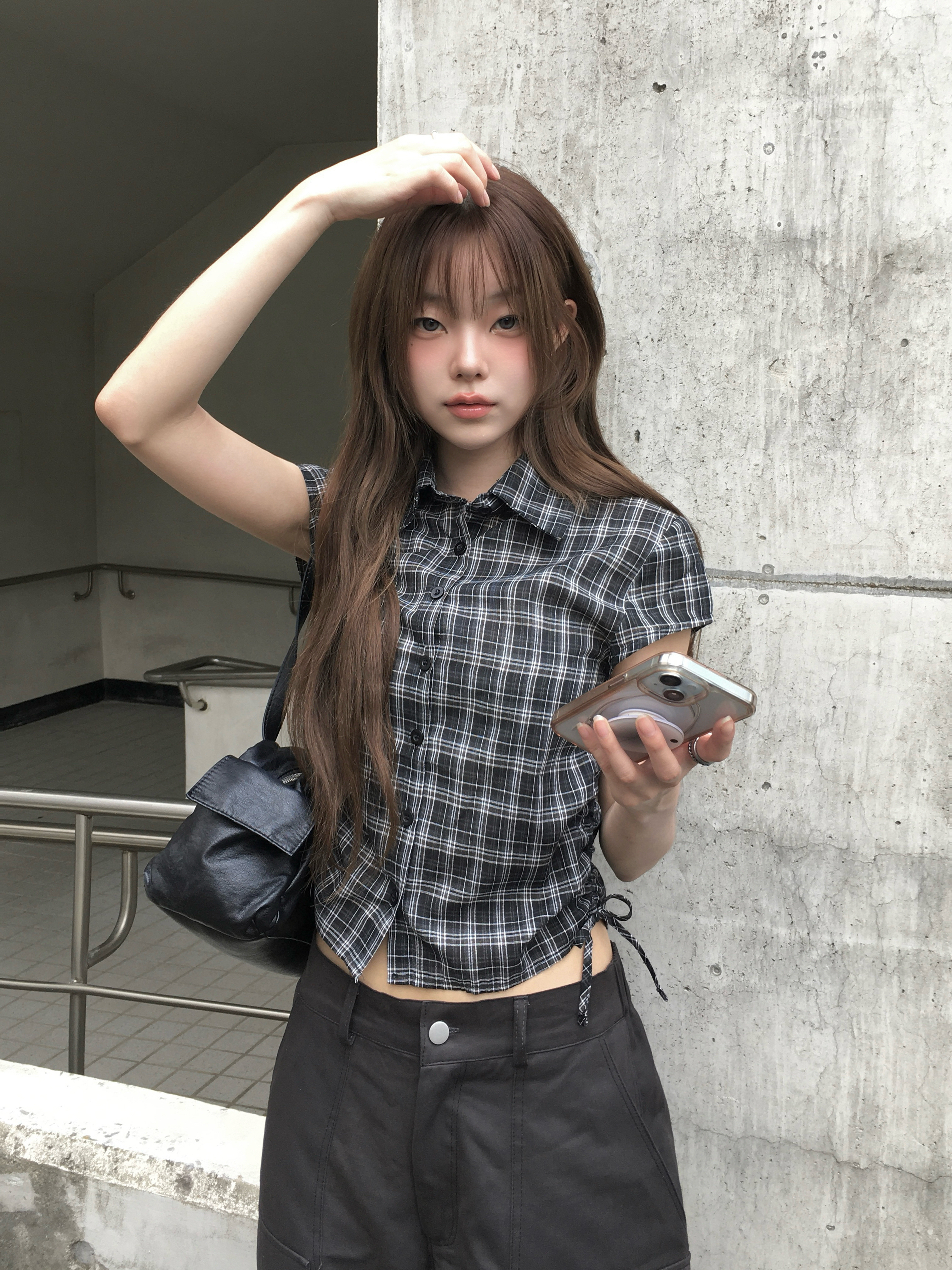 美品/FEKETE/フェケテ/半袖/ブラウス/ギャザータイトシャツ/チェック/L FEKETE（フェケテ）の「GATHER FEMININE TIGHT SHIRT / ギャザー