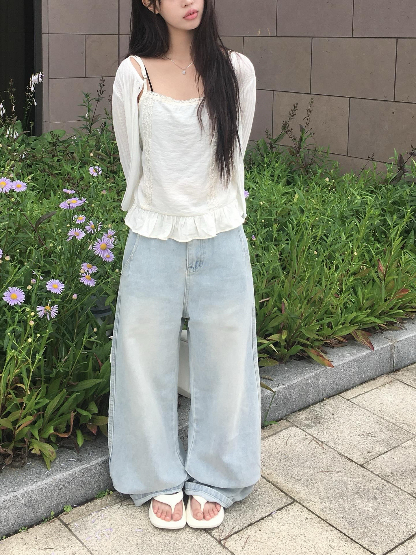 yori ワイドレッグデニムライトブルー ライトブルー切替ウォッシンワイドデニムパンツ | ファッション通販