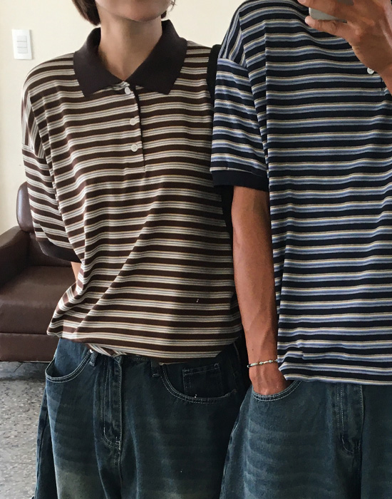 (unisex)ストライプカラー半袖tシャツ