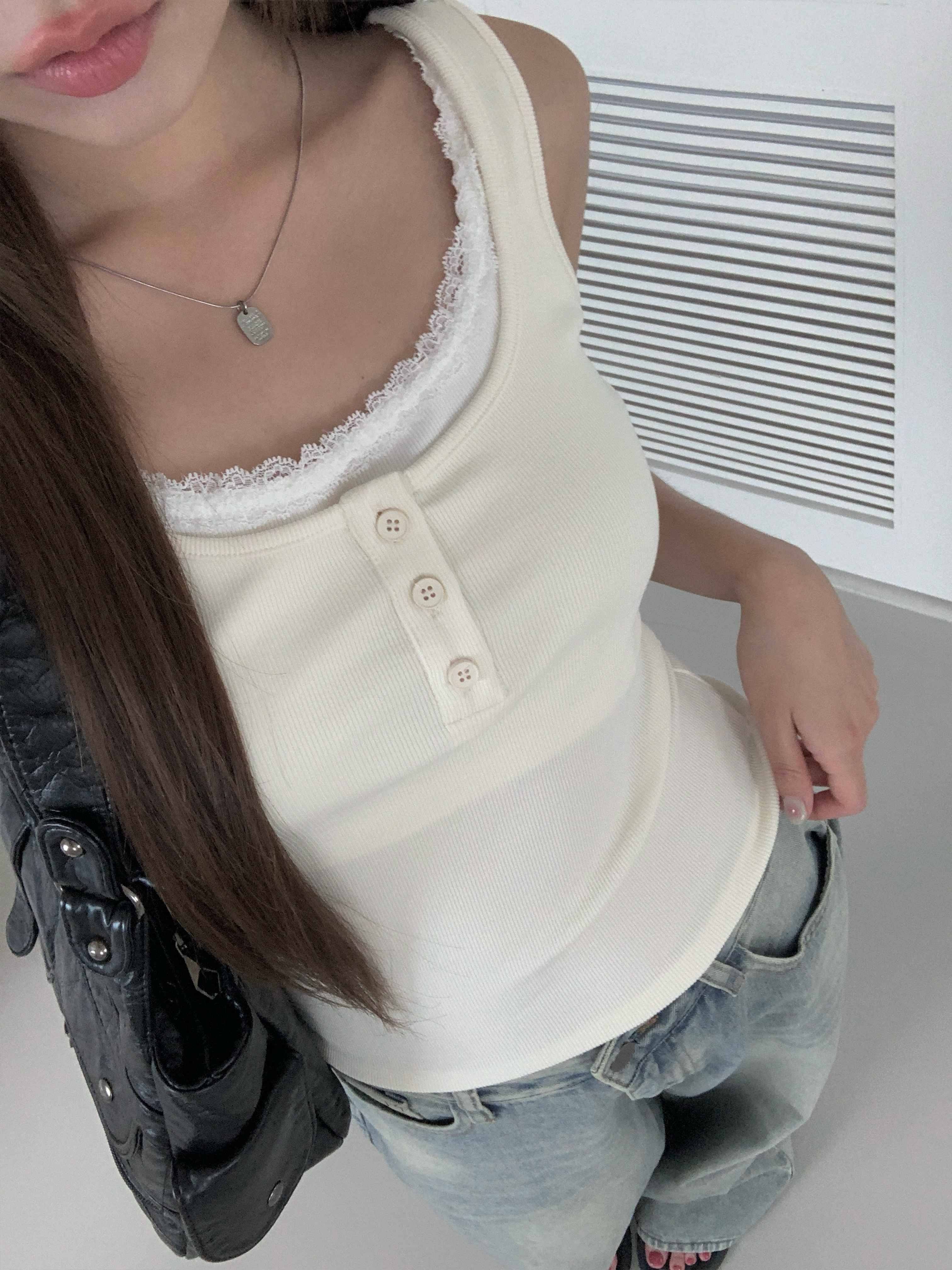 レースレイヤードボタンリブタンクトップ | ファッション通販