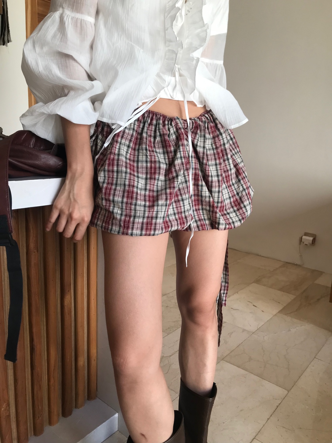 チェックシフォンレースリボンミドル丈スカート | ファッション