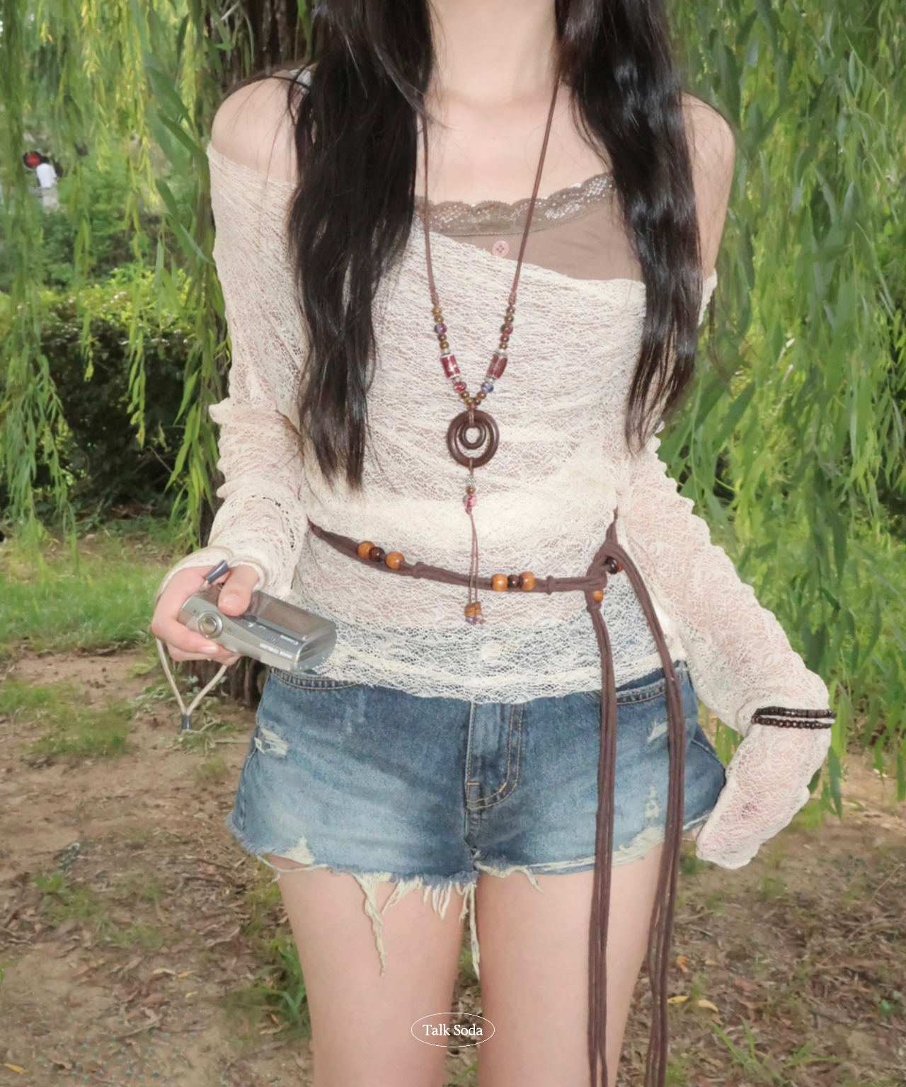 SET]ヴィンテージシースルーオフショルトップス+レース