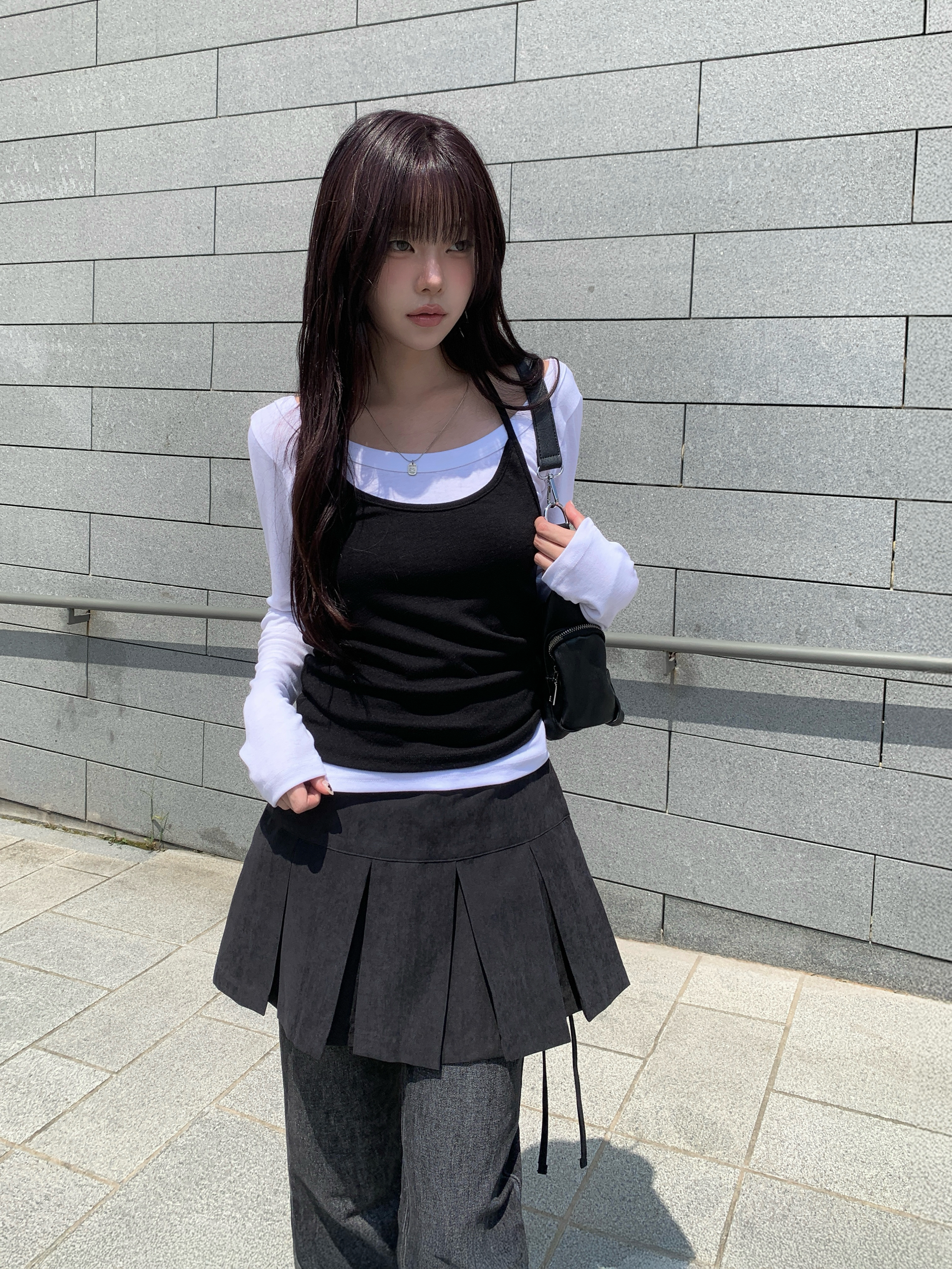 スエード調プリーツラップレイヤードミニスカート