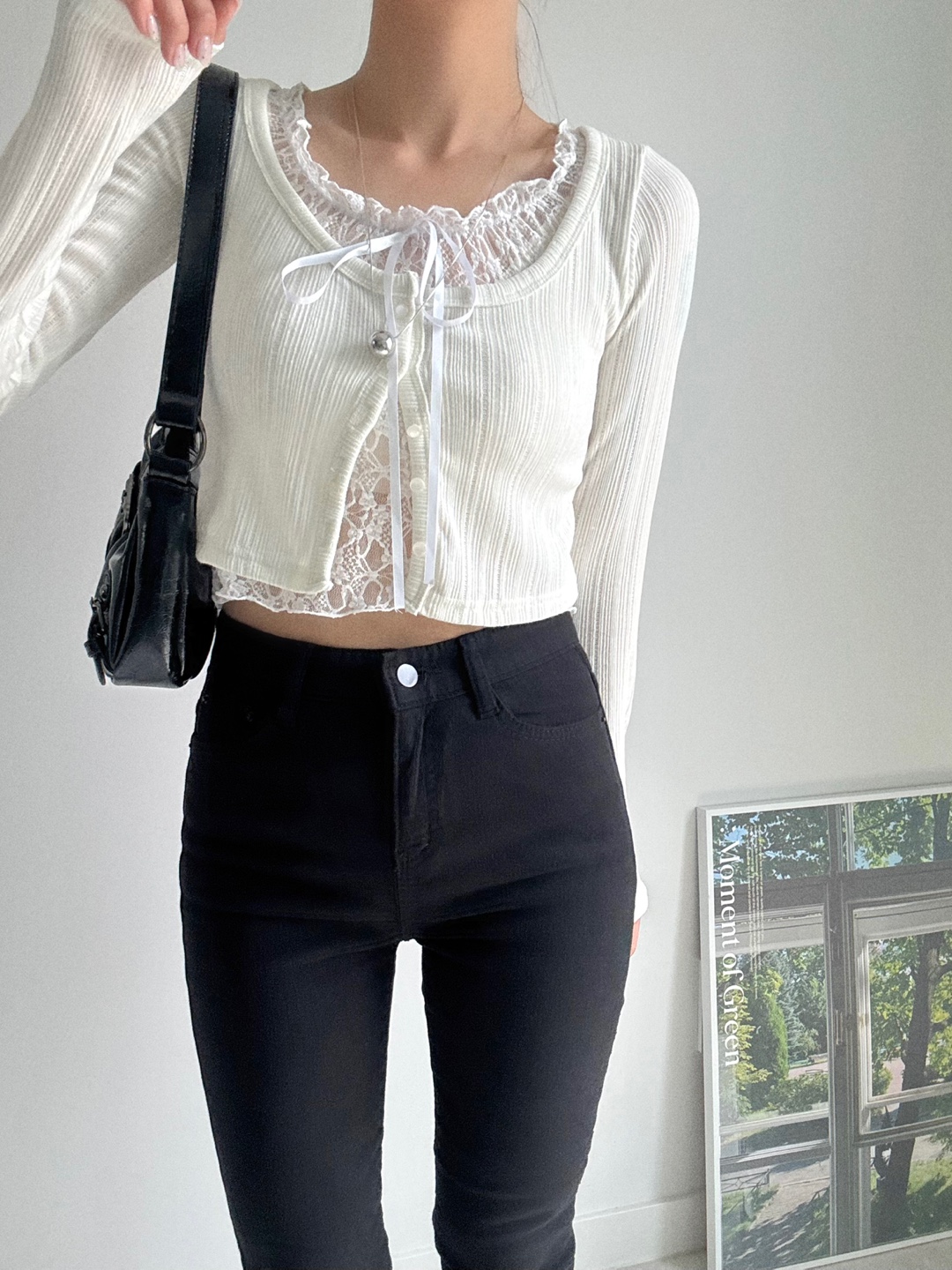 一体型]レースレイヤードオープンニットカーディガン