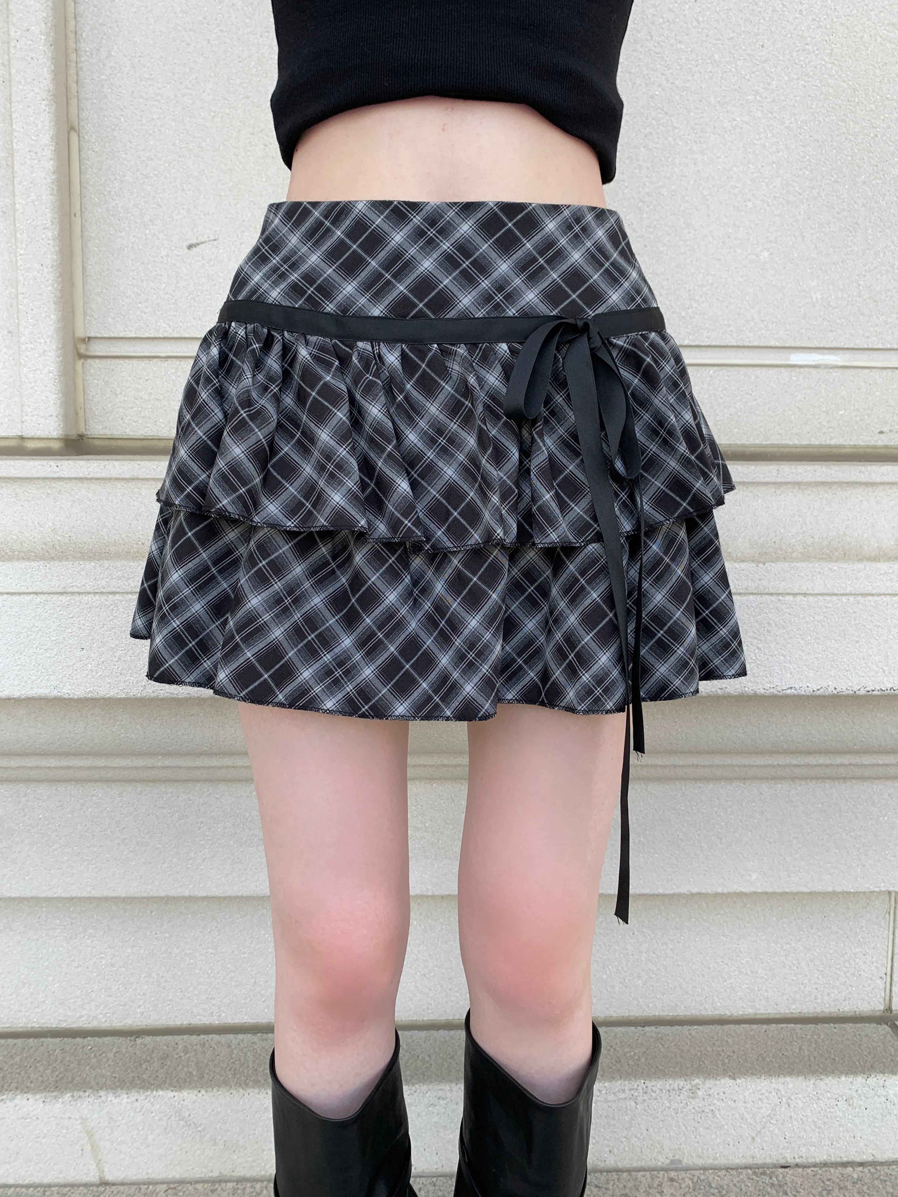 ♡ pium ミニスカート コットンフリルリボンティアードミニスカート ティアードフリルドーリーミニスカート – pium