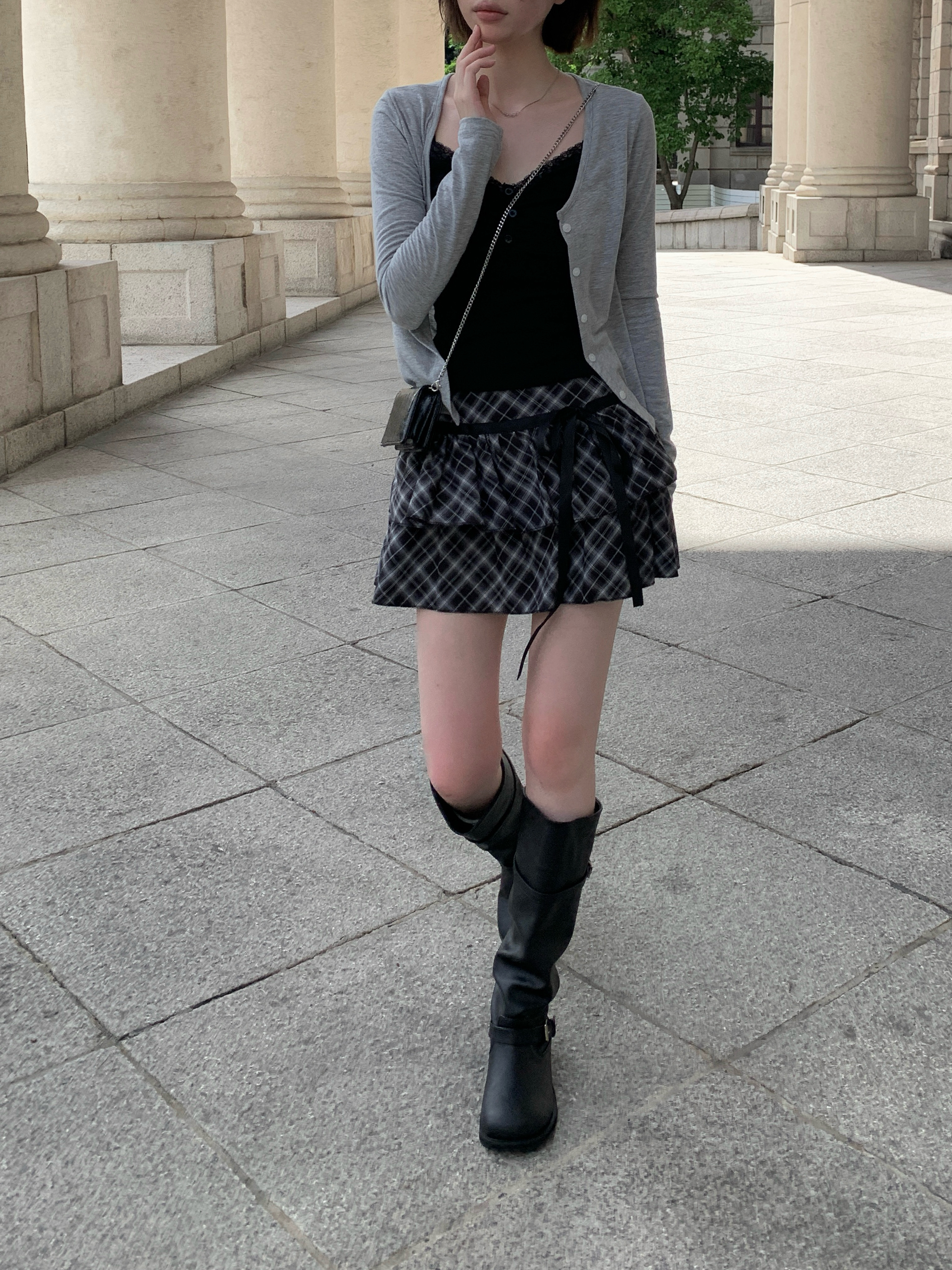 チェック柄リボンティアードフリルミニスカート | ファッション