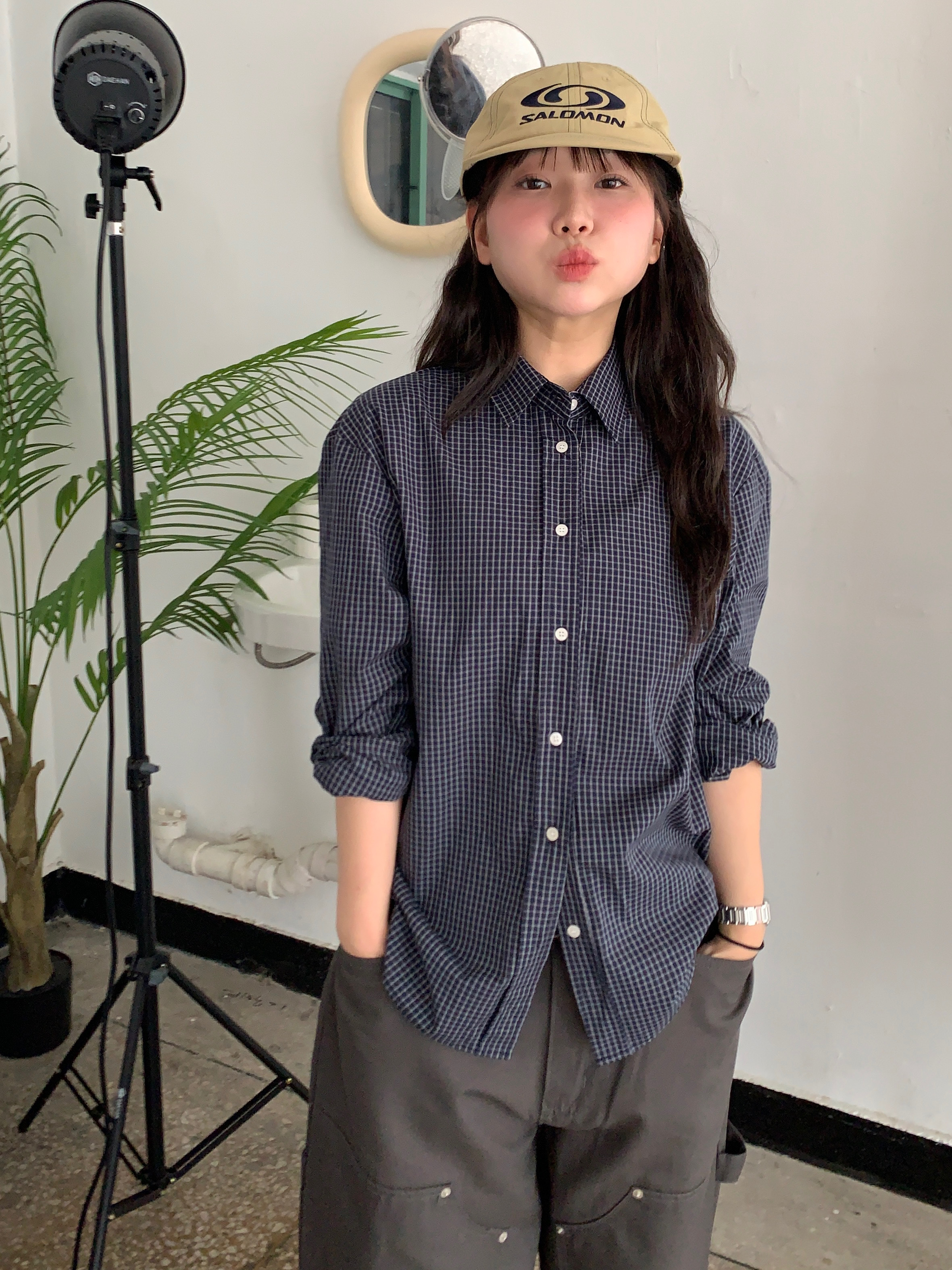 ネイビー 半袖シャツ チェック柄裏地 長袖チェックシャツ(M ネイビー): トップス｜Right-on公式