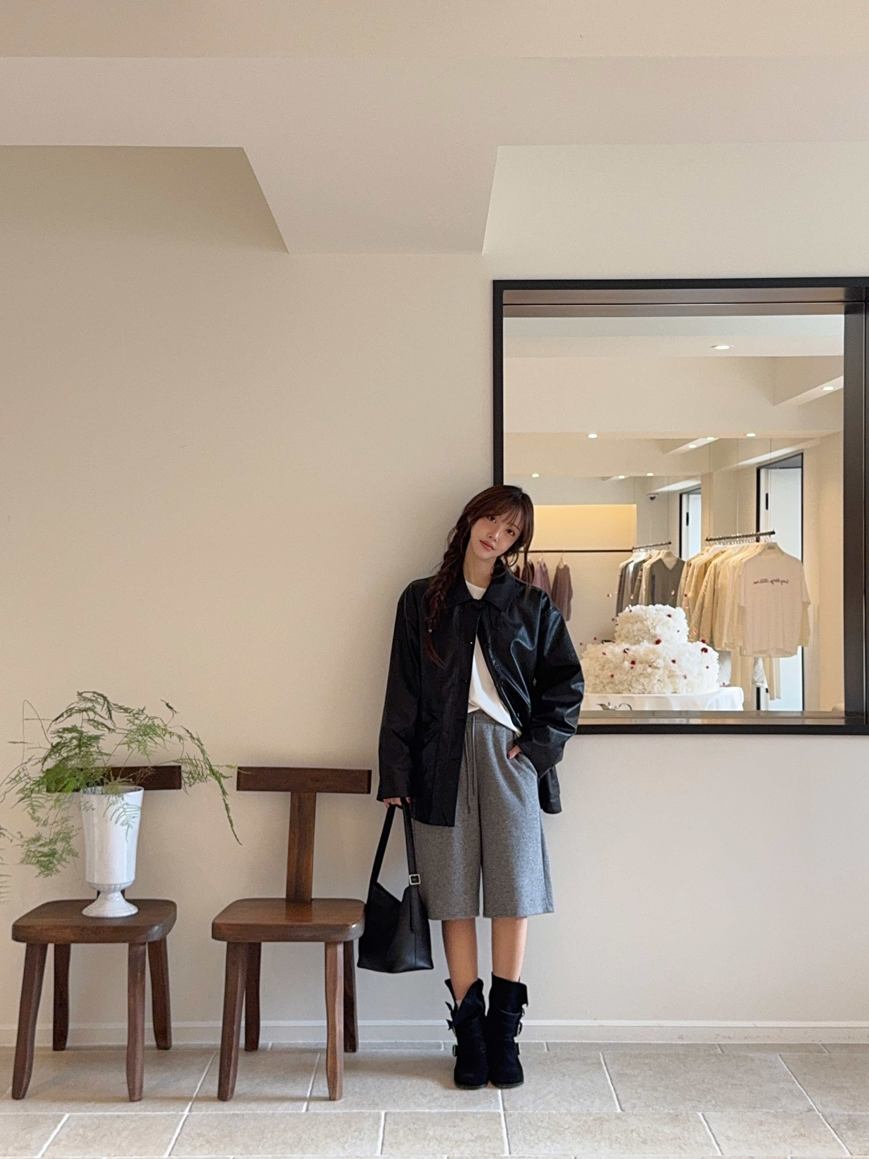 Button half leather jacket_2colors